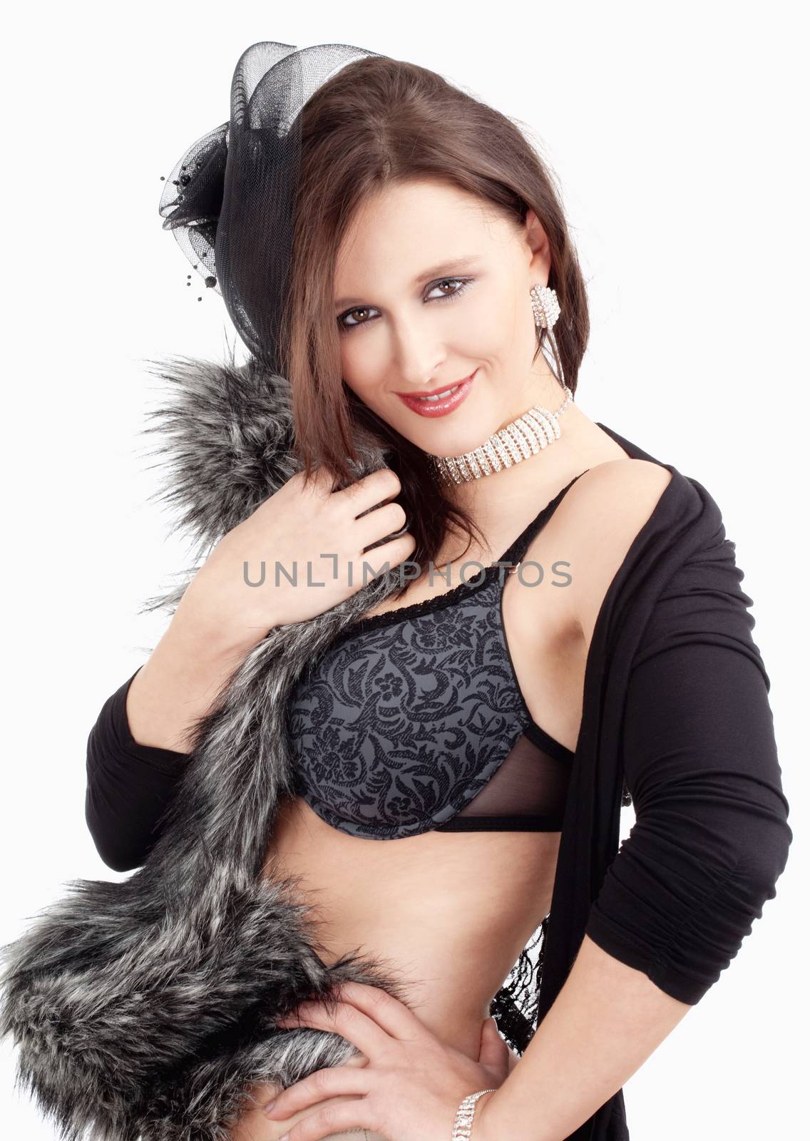 Young Woman with Hat and Fur in her Bra, Smiling by courtyardpix