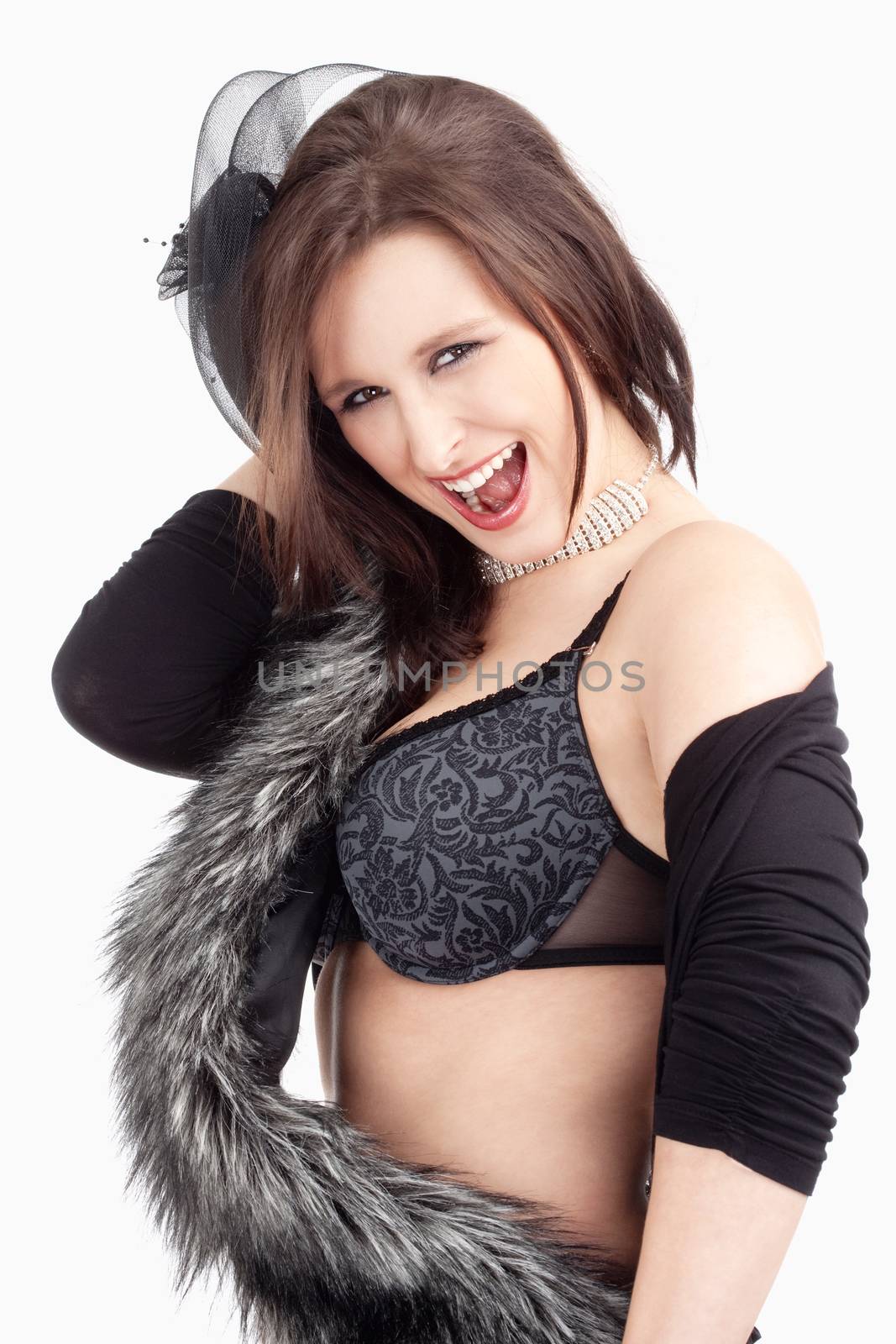 Young Woman with Hat and Fur in her Bra, Smiling - Isolated on White