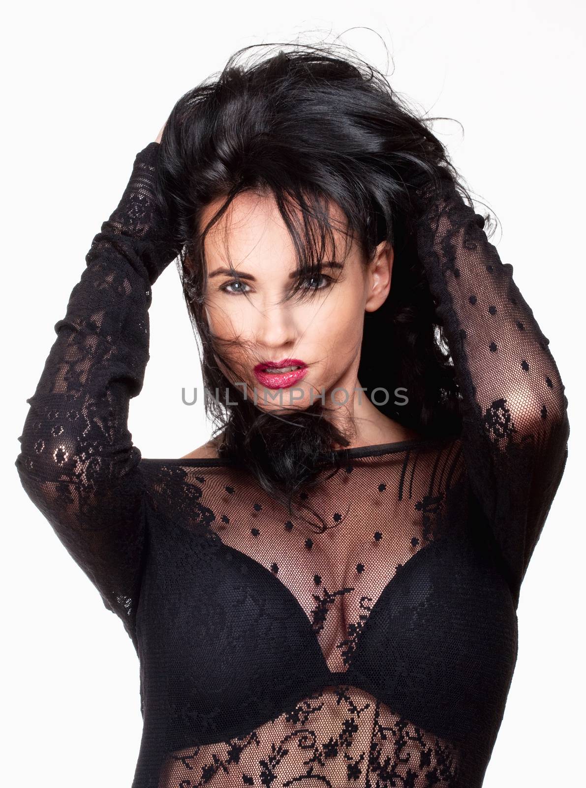 Woman with Black Hair in Sexy See-Through Dress - Isolated on White