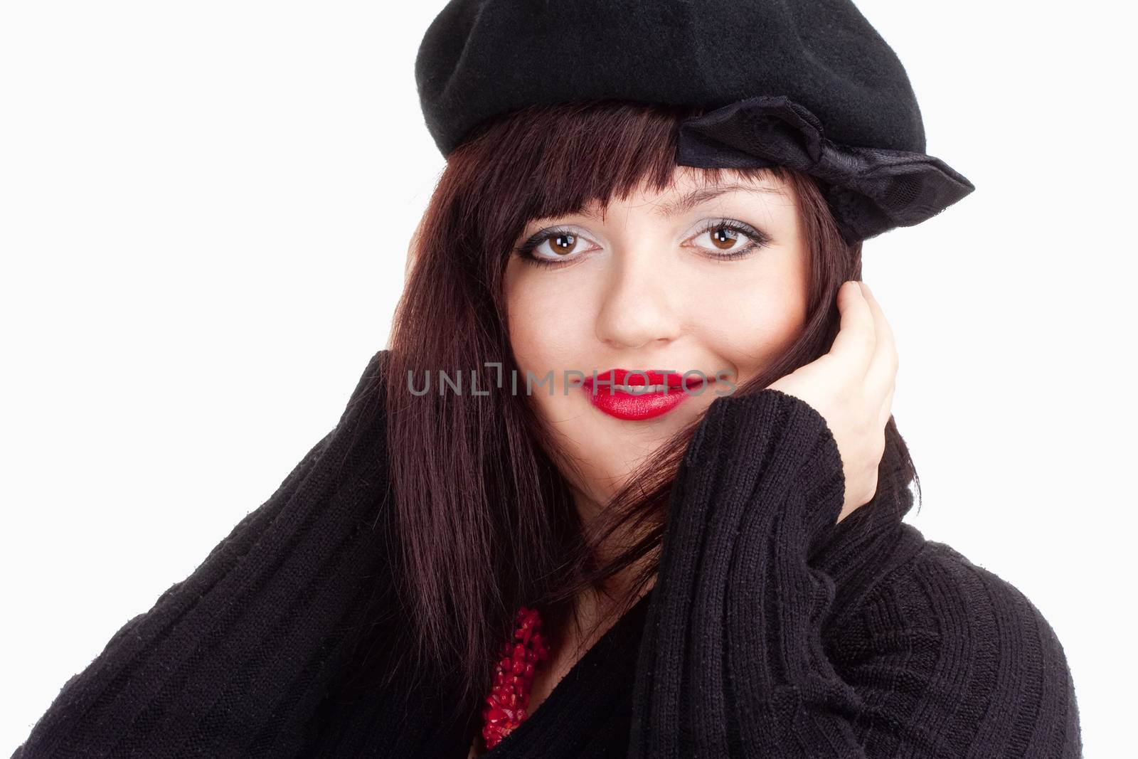 Portrait of a Young Woman in Black Cap - Isolated on White