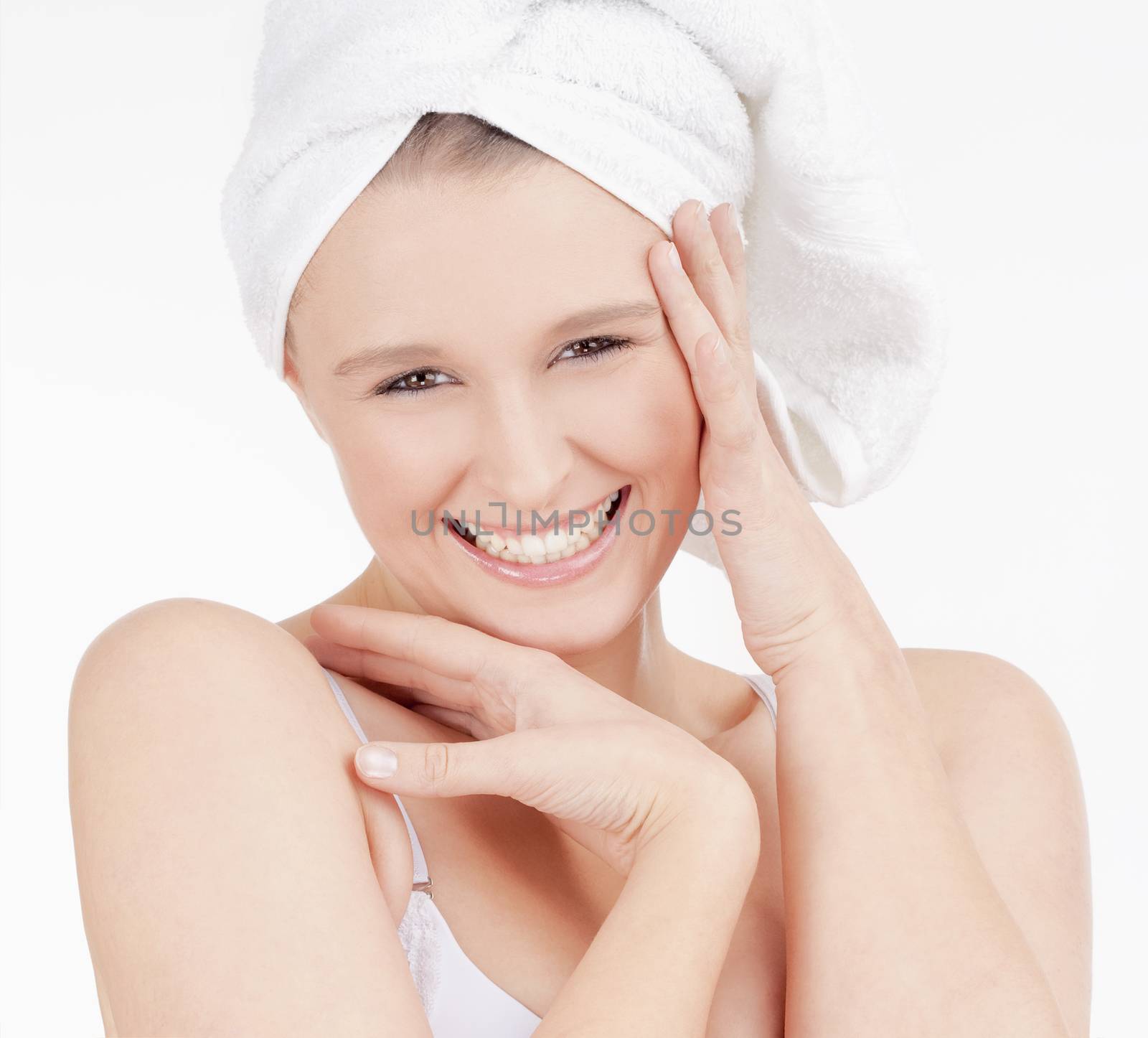 Beautiful Young Woman with Towel on her Head Smiling by courtyardpix