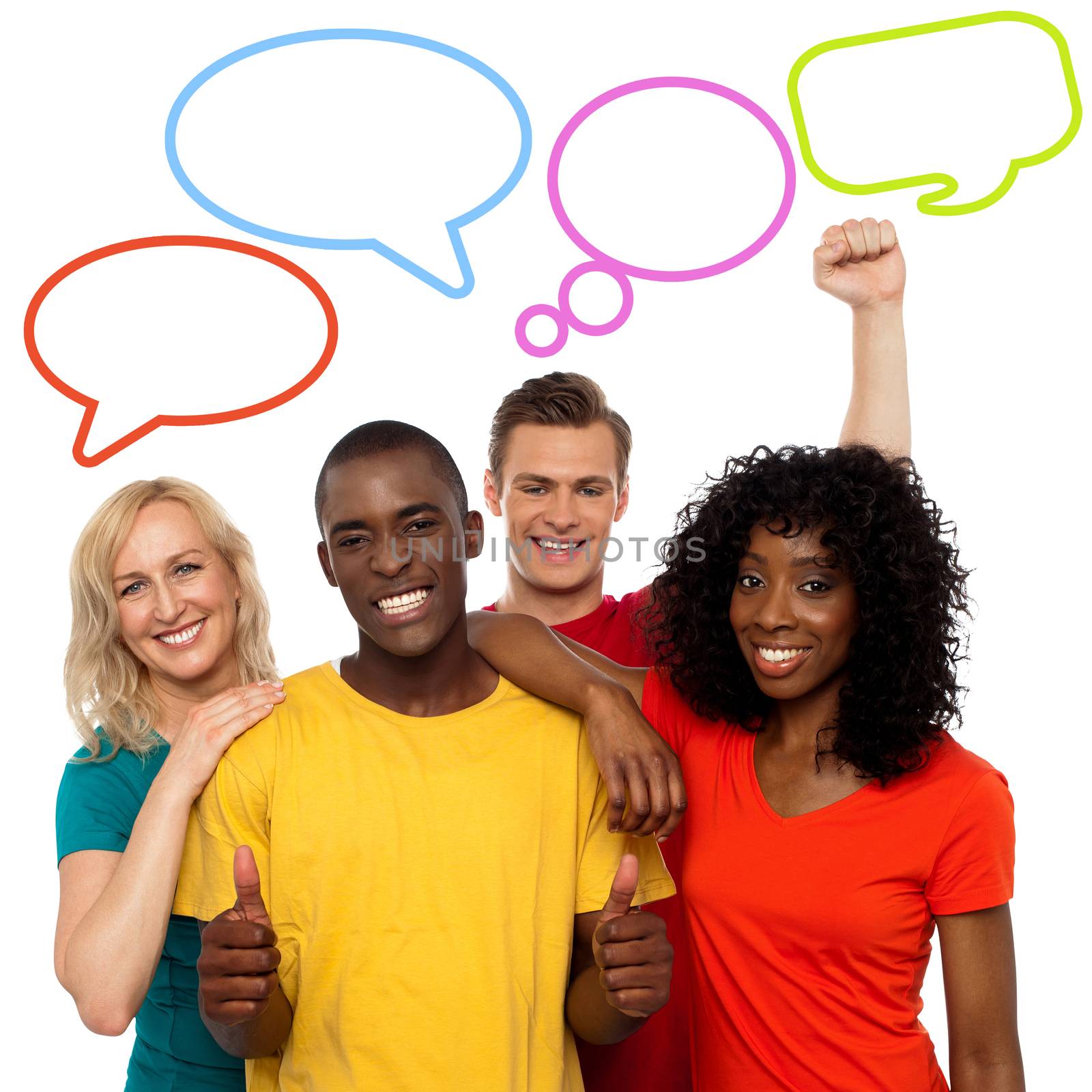 Diverse people with colorful dialog speech bubbles