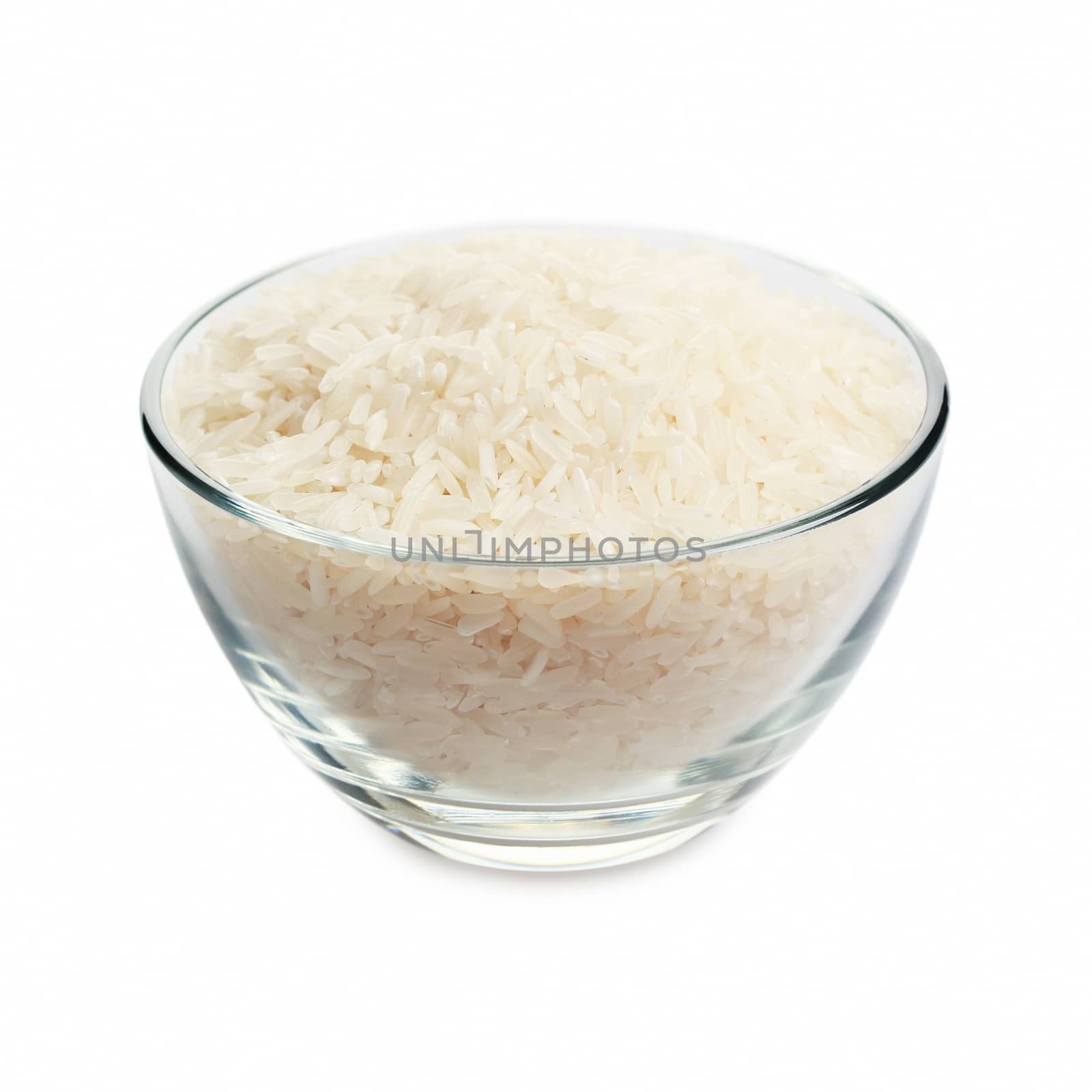 White rice in glass bowl isolated on white background.