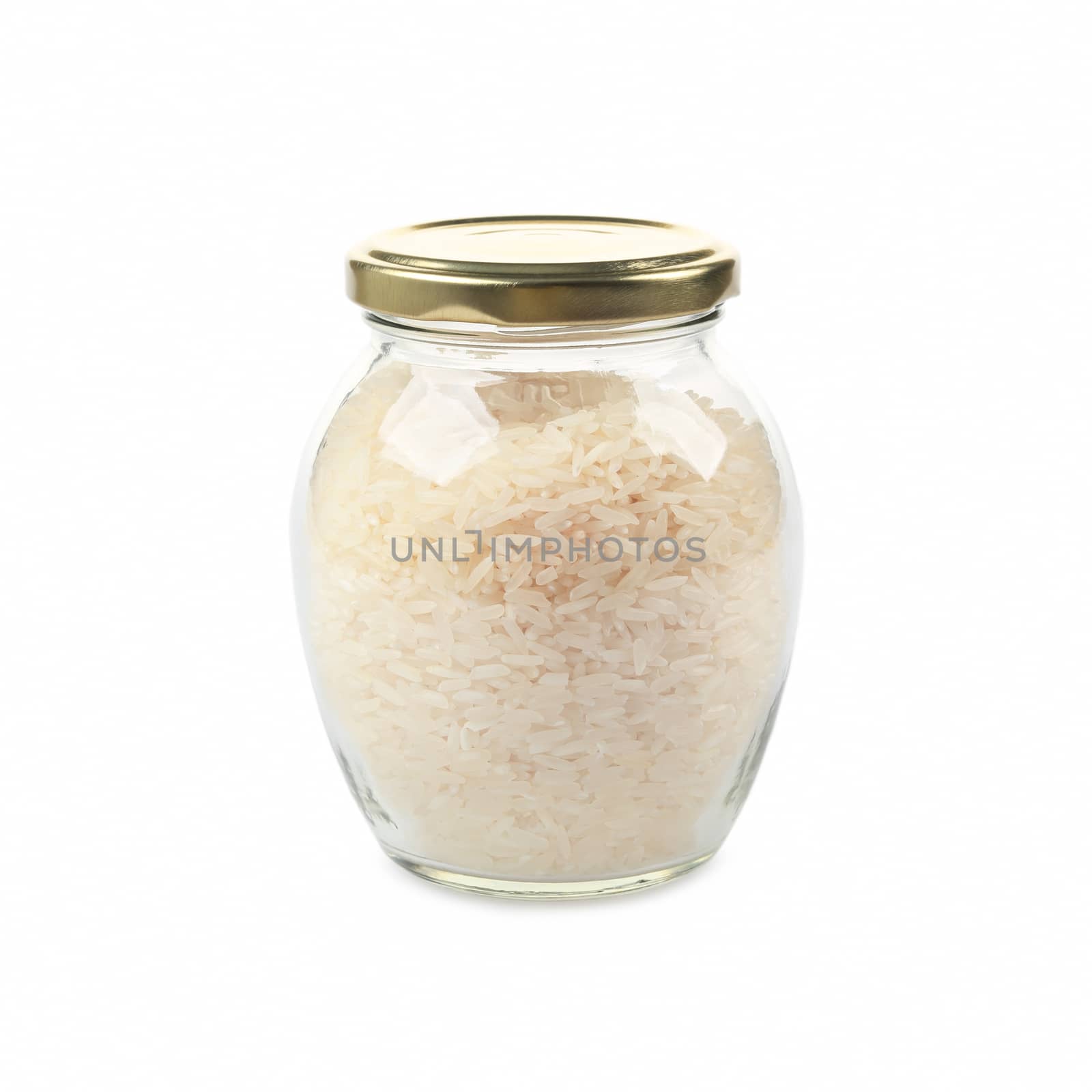 White rice in glass jar isolated on white background.