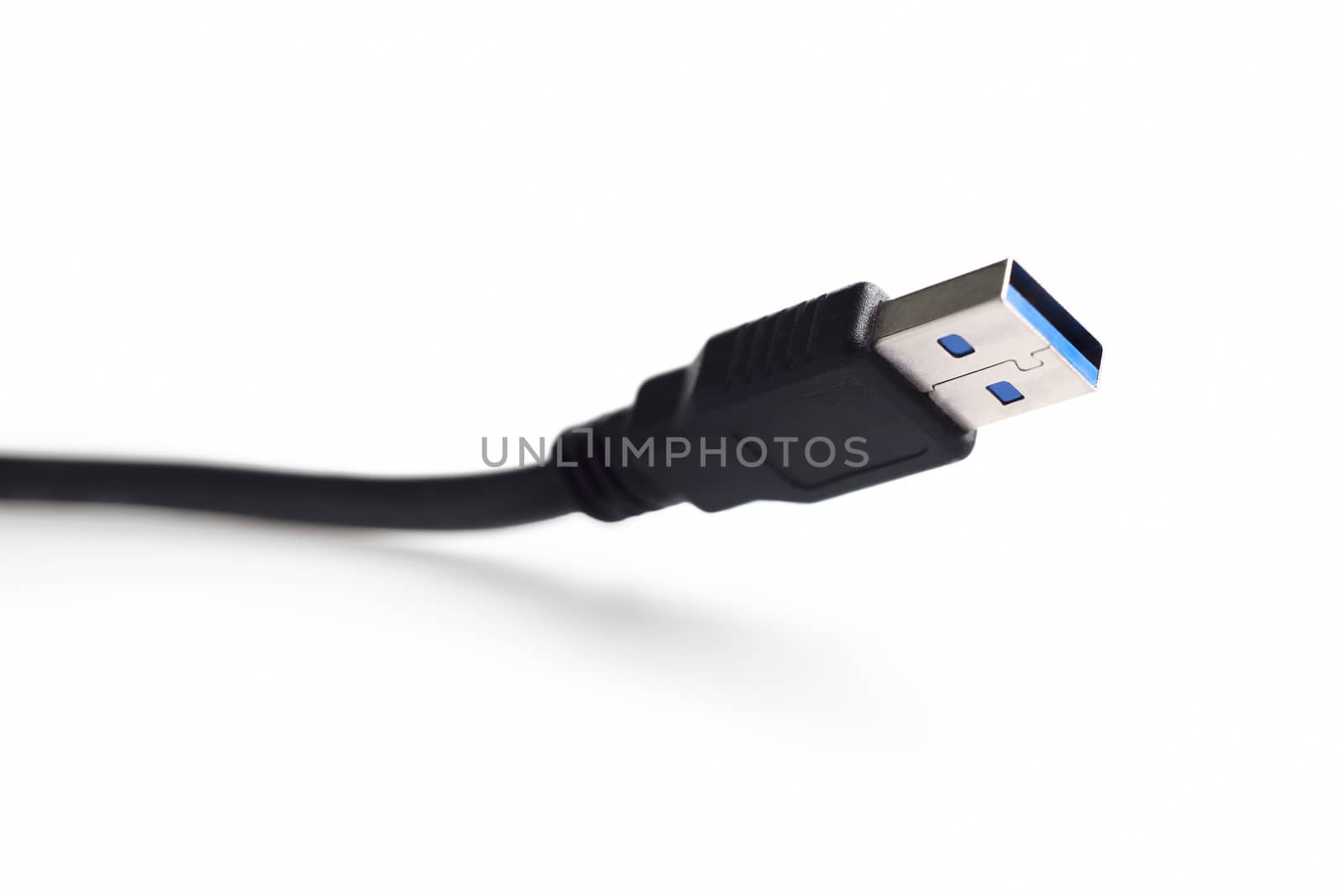 Close-up black USB cable isolated on white background.