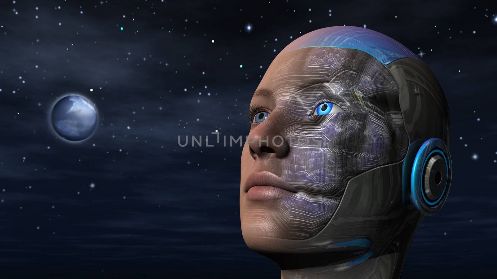 Cyborg woman with night sky background