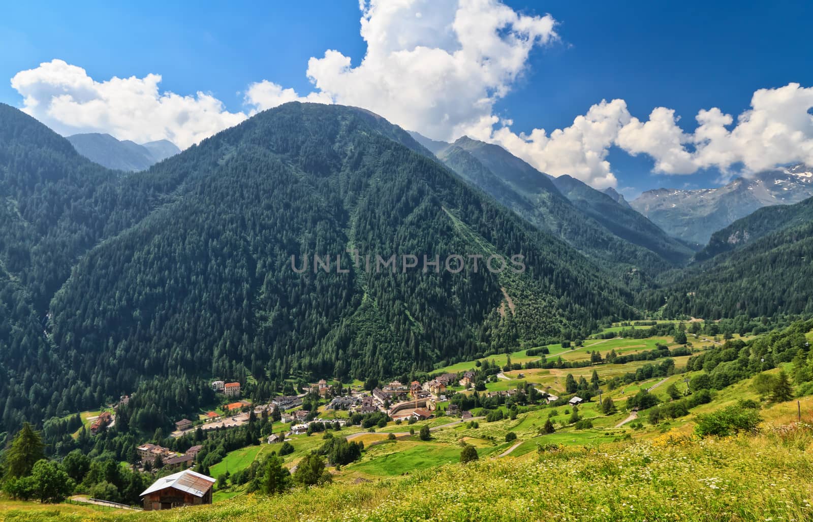 Pejo valley with Pejo Terme village on summer, Trentino, Italy