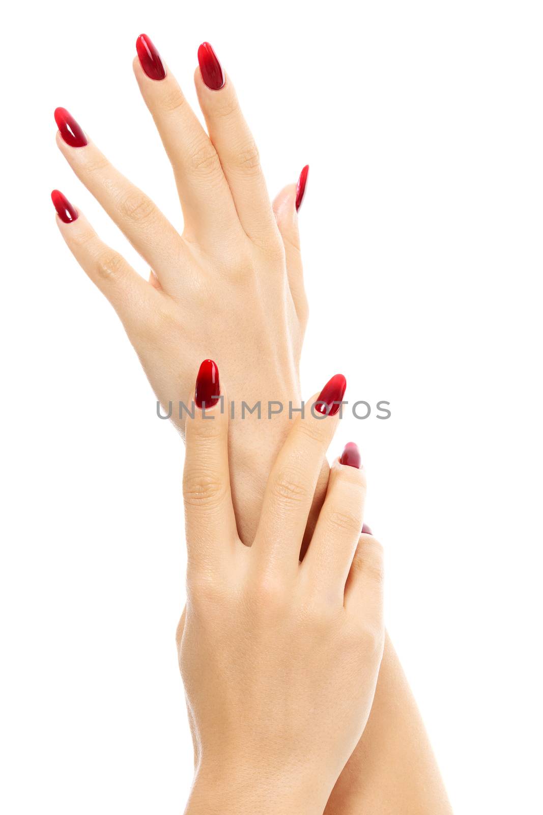 Female hands with red fingernails, white background, isolated
