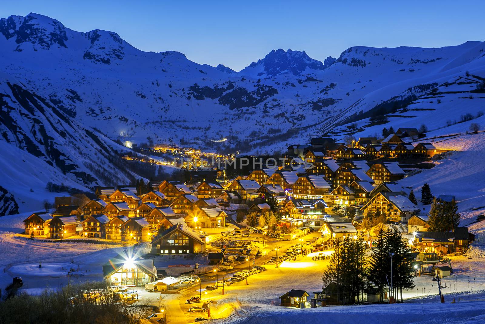 View of Saint Jean d'Arves by night in winter, France