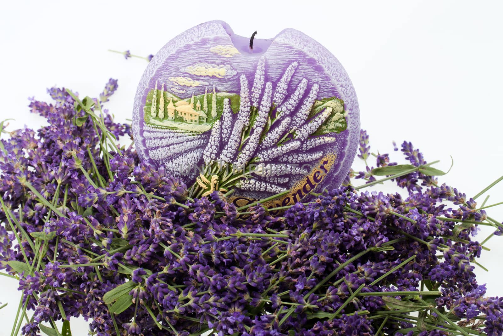  Lavender and candle  isolated on white background