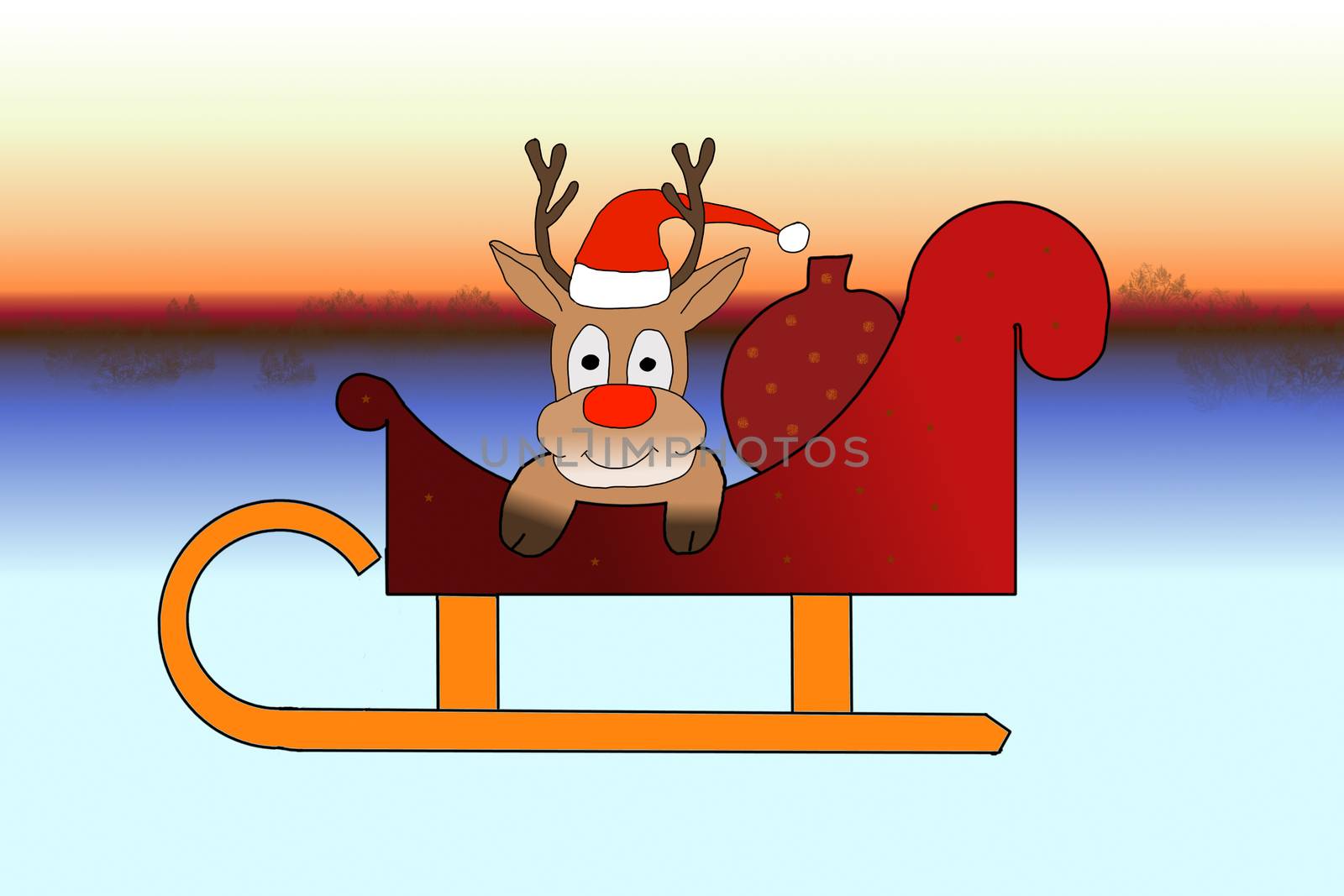 Rudolph sitting in Santas sleigh