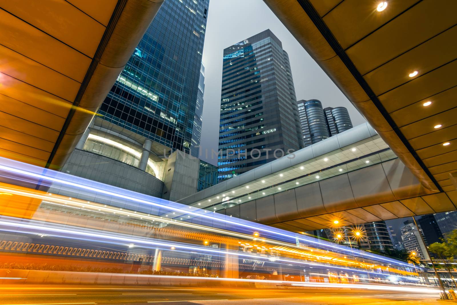 Car light in the modern city night, Hong Kong, Asia.