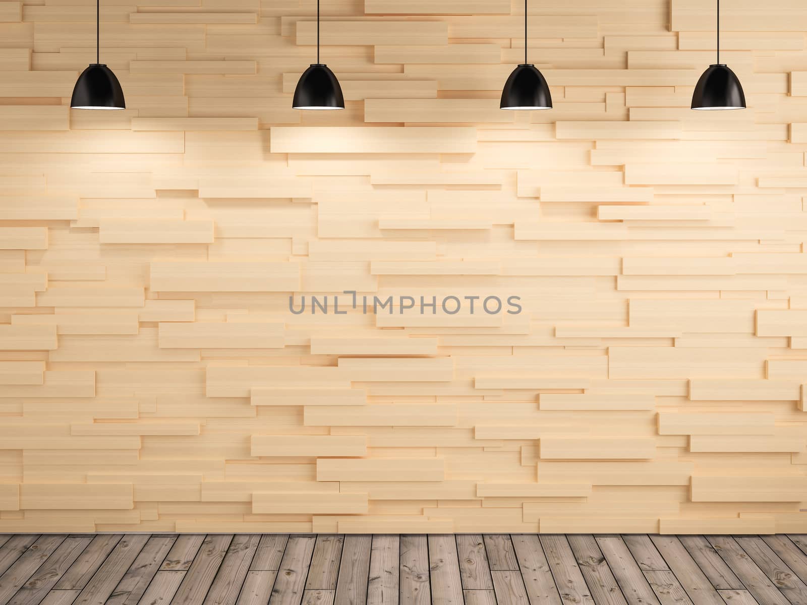 lamp and wood wall and floor design background, 3d redering