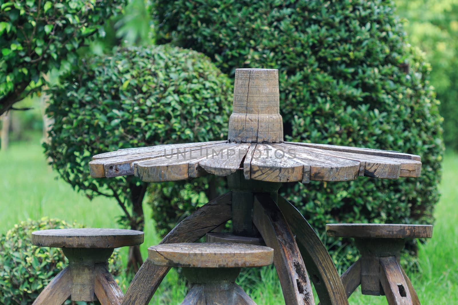 old wood chair and table decoration in garden