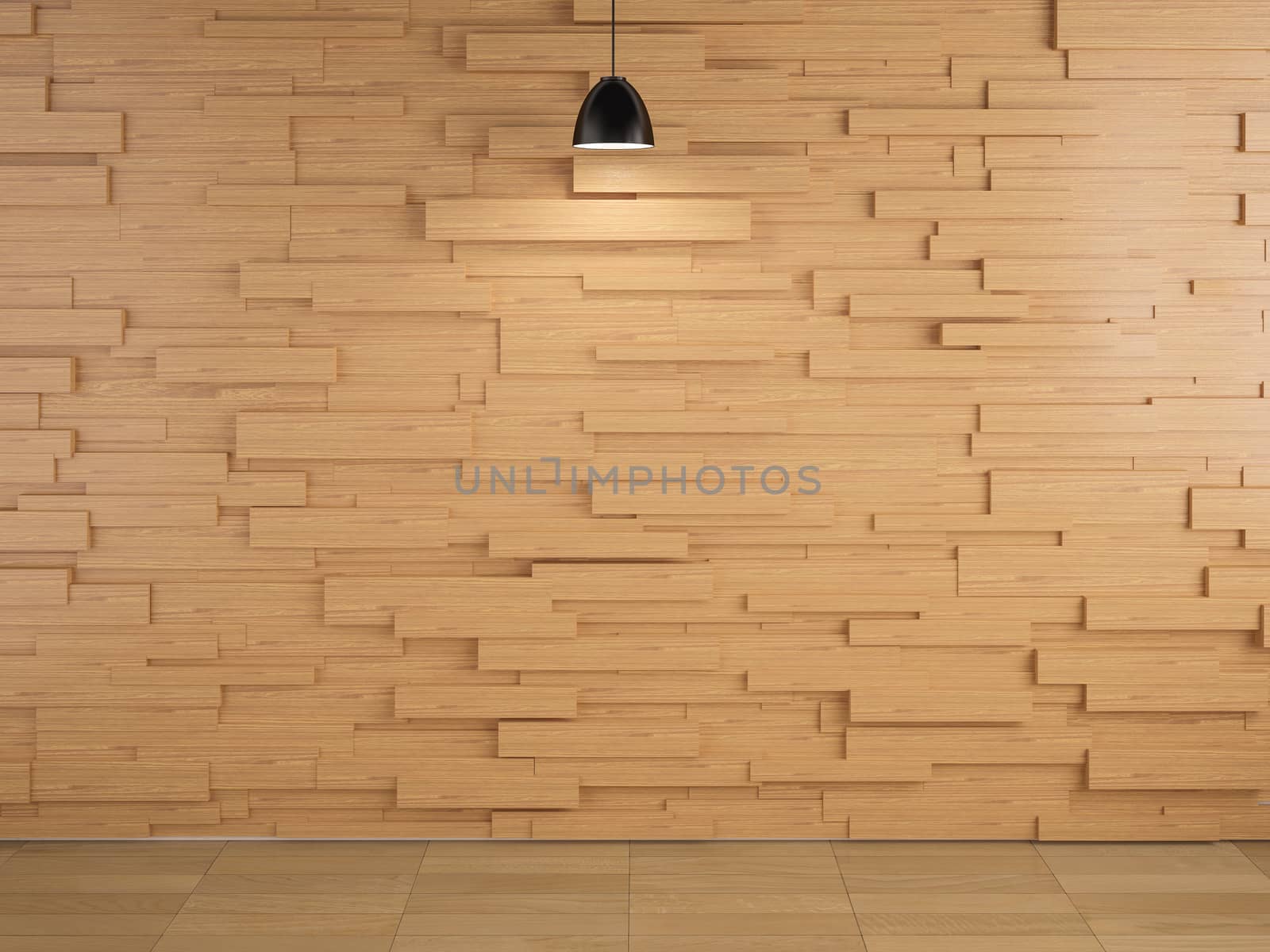 lamp and wood wall design and floor background, 3d redering by blackzheep