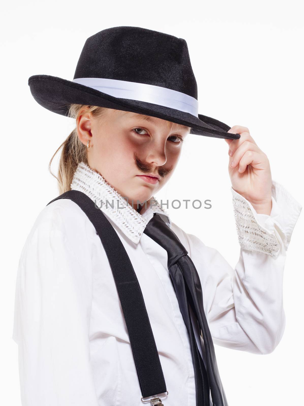 Portrait of a Little Girl with Hat Posing as a Gangster