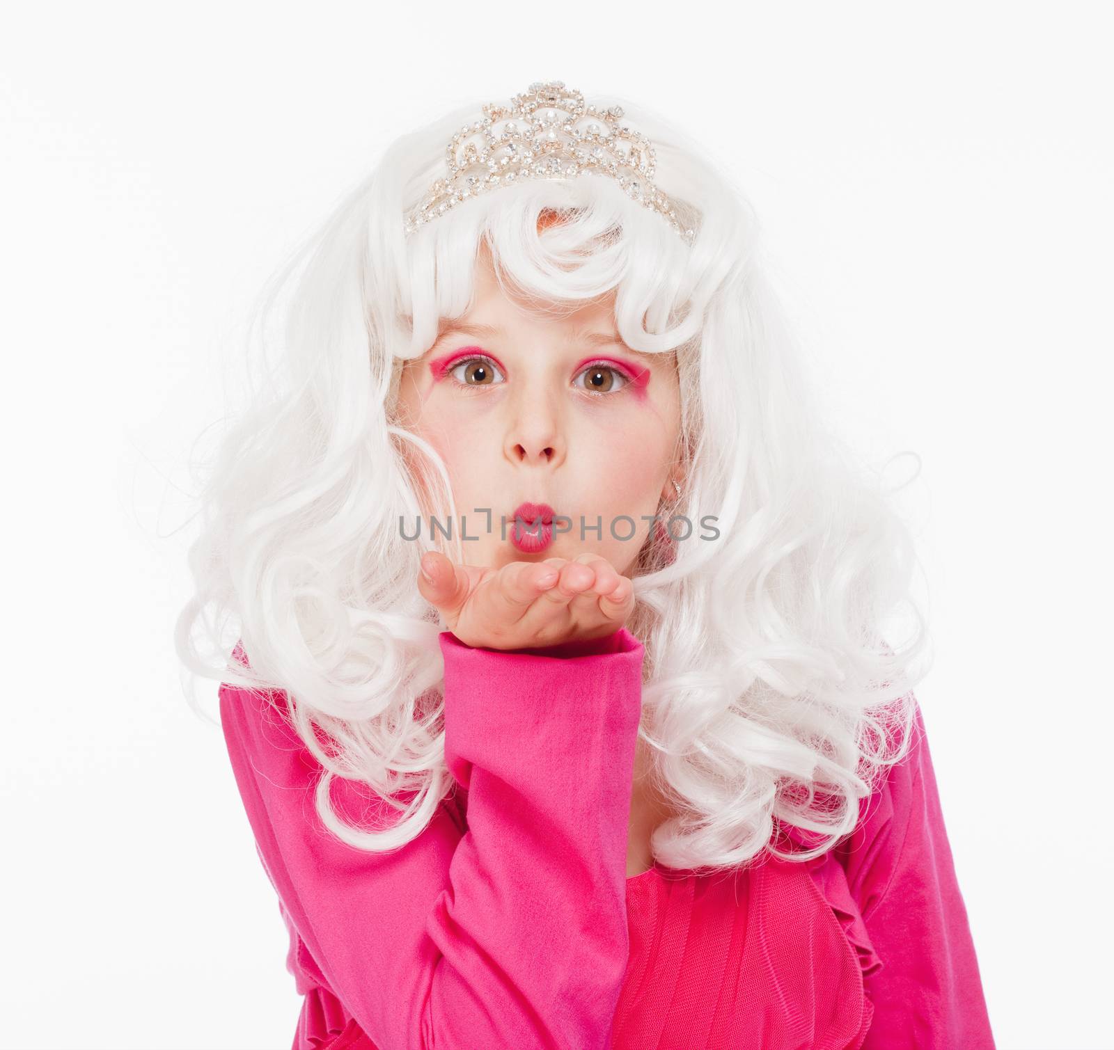Girl in White Wig and Diadem Posing as Princess by courtyardpix