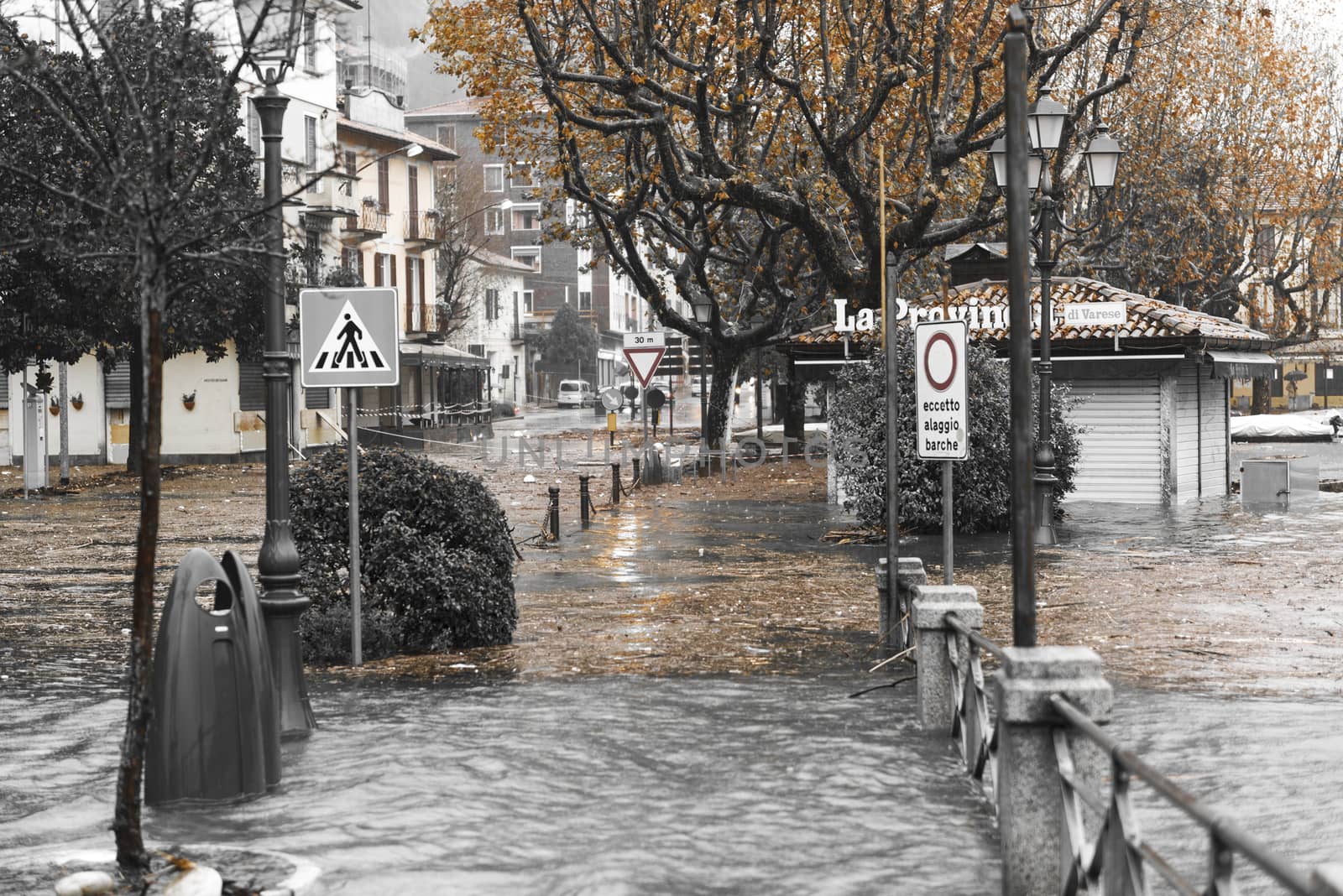 Maggiore Lake overflow in Laveno-Mombello, autumn season Varese - Lombardy