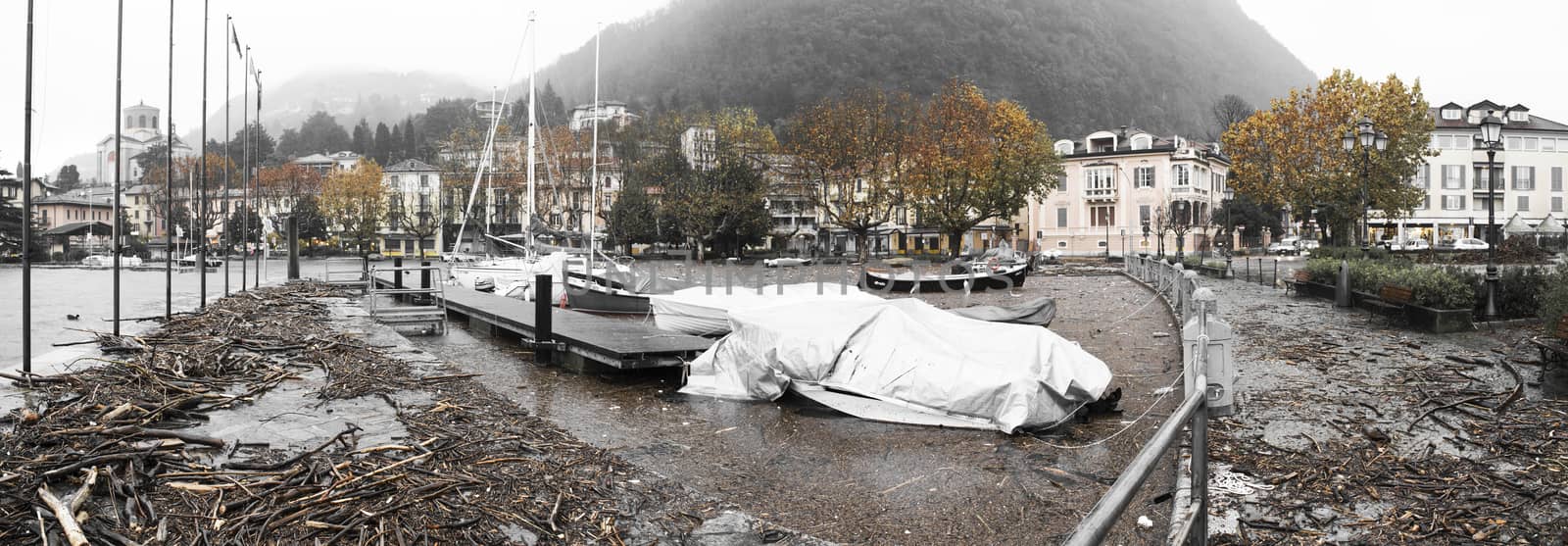 Lake Maggiore overflow in Laveno-Mombello, autumn season Varese - Lombardy