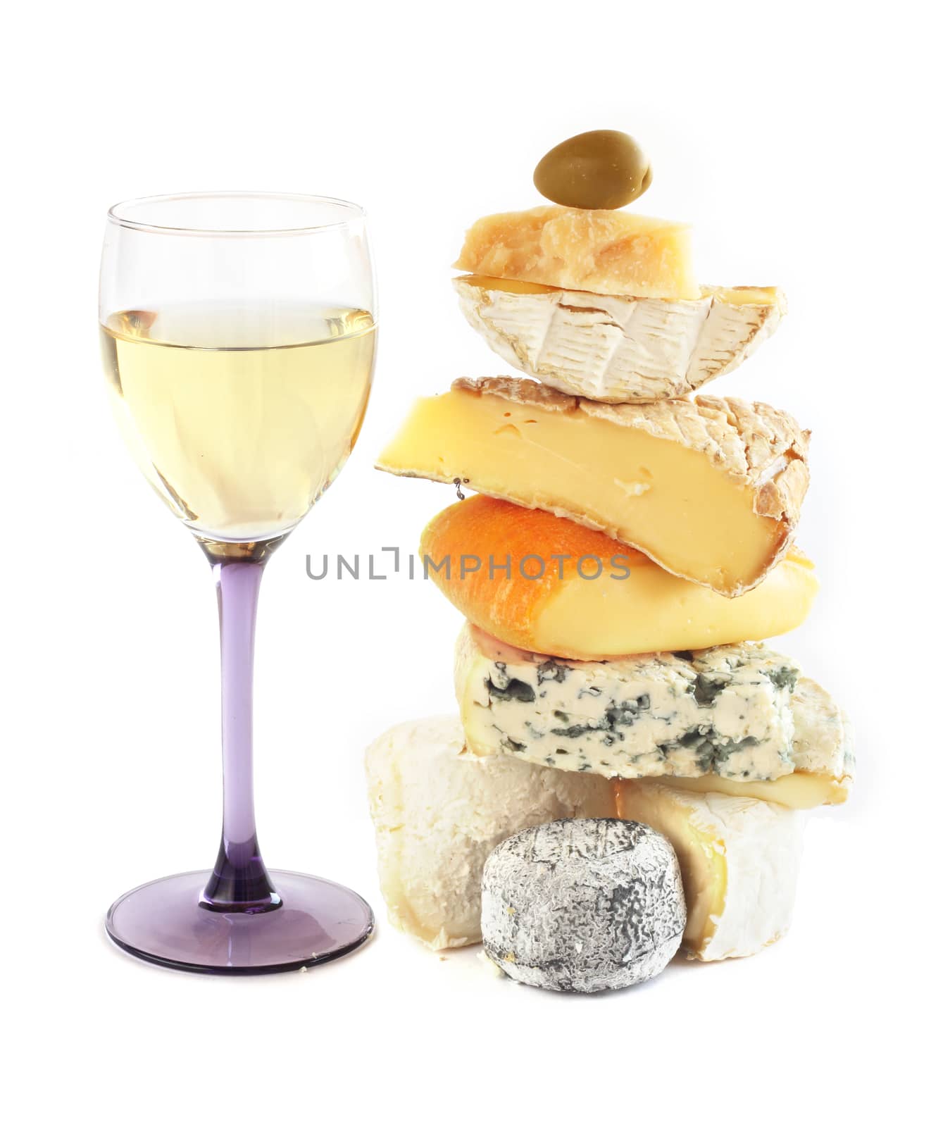 Stack of assorted cheese and white wine isolated on white background