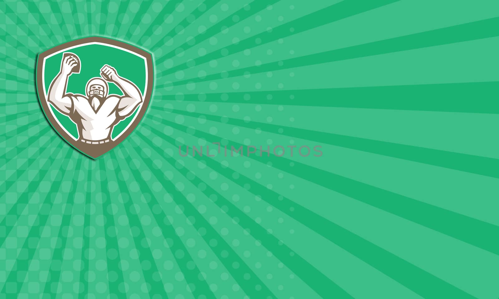 Business card showing illustration of an american football with helmet holding ball over head celebrating viewed from the front set inside shield crest on isolated background done in retro style. 