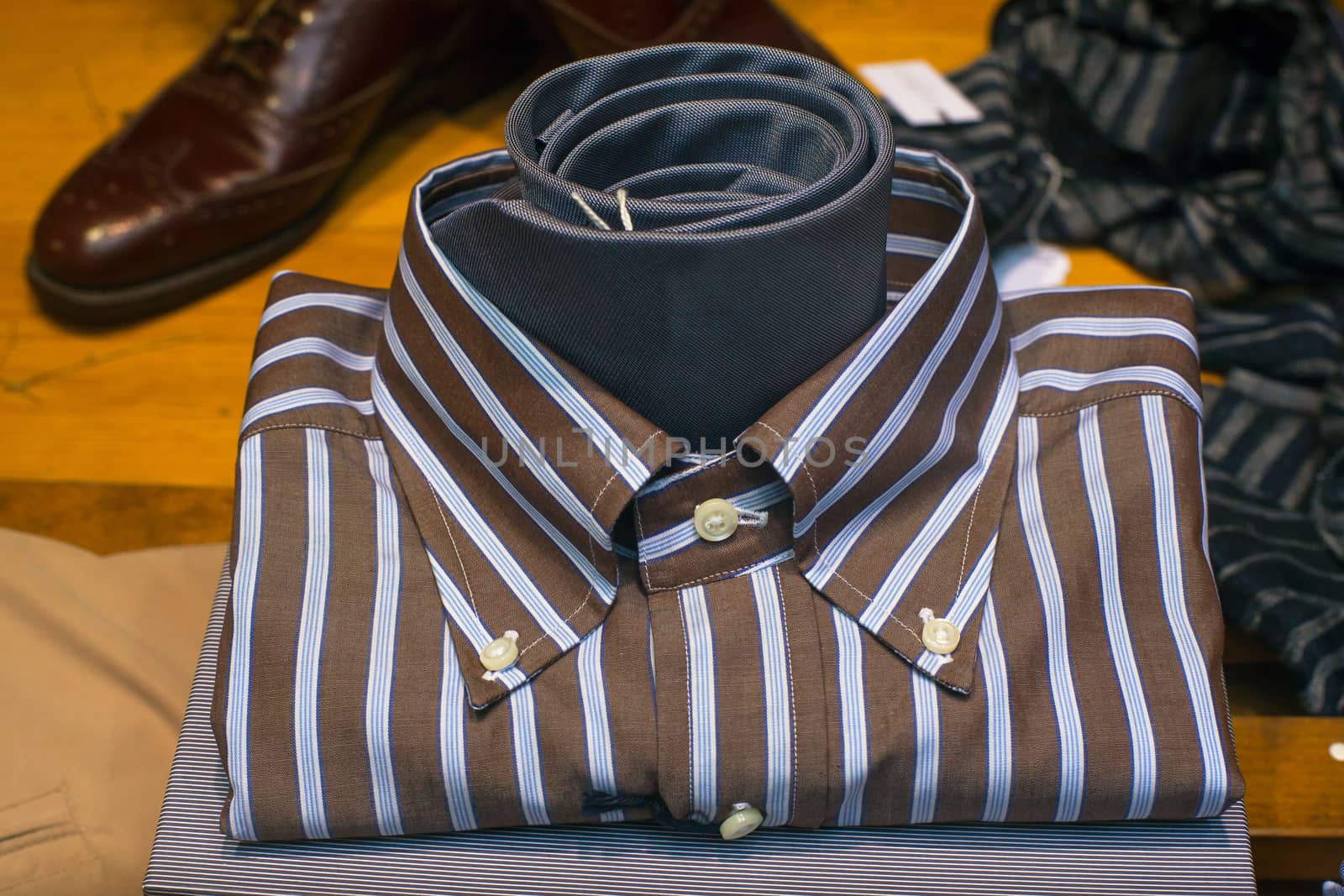 Close up of striped male shirt and necktie