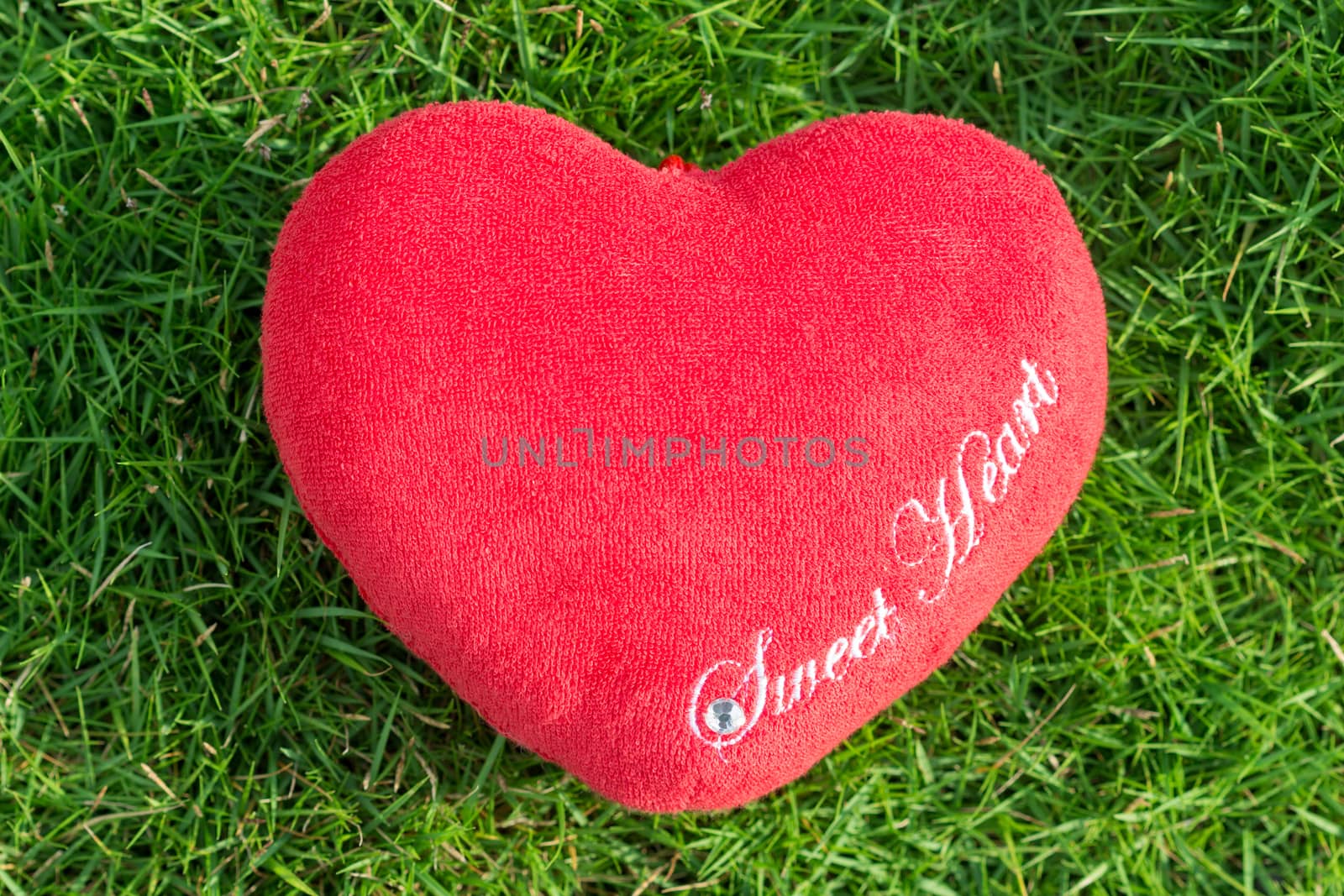red fabric heart love on green grass by blackzheep