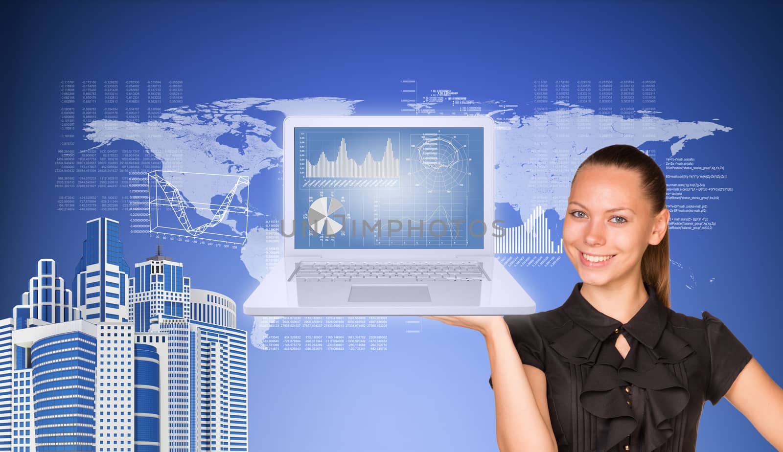 Beautiful businesswoman in dress smiling and holding latop with graphs. Buildings, world map and text rows as backdrop