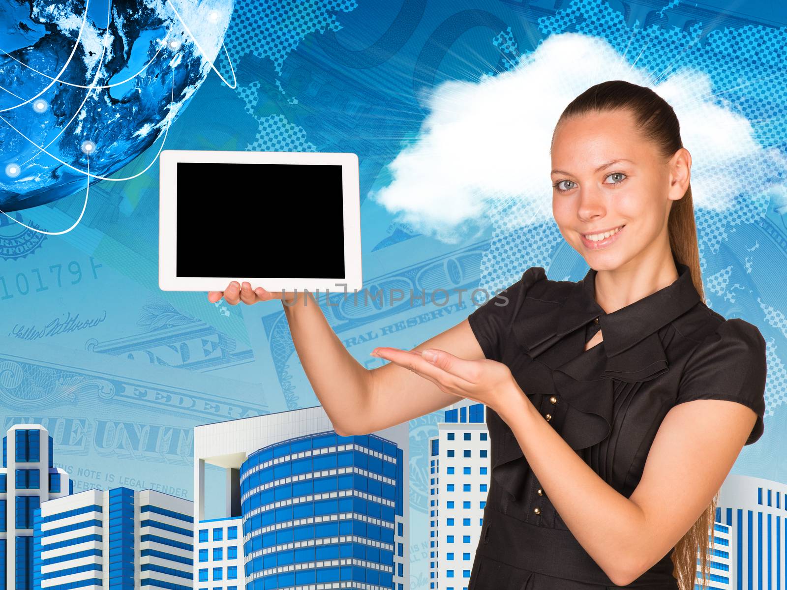 Beautiful businesswoman holding hand tablet with blank screen. Buildings, money and Earth as backdrop by cherezoff