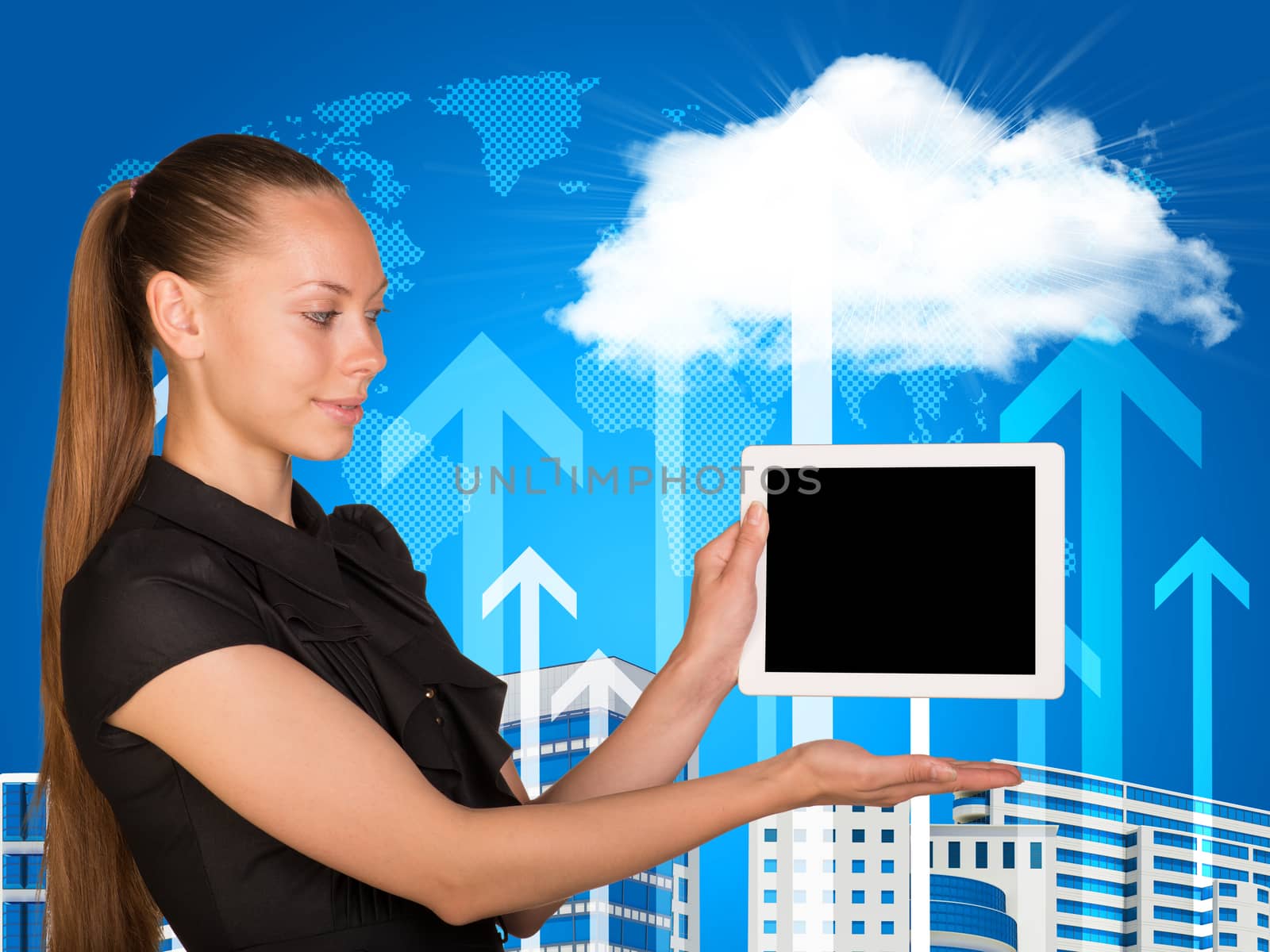 Beautiful businesswoman in dress holding tablet pc. White cloud, arrows and buildings as backdrop