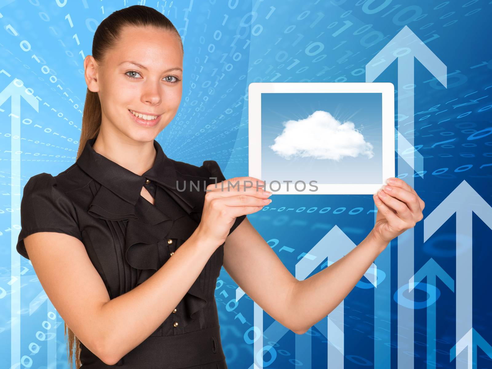 Beautiful businesswoman smiling and holding tablet with clouds on screen. Arrows and figures as backdrop