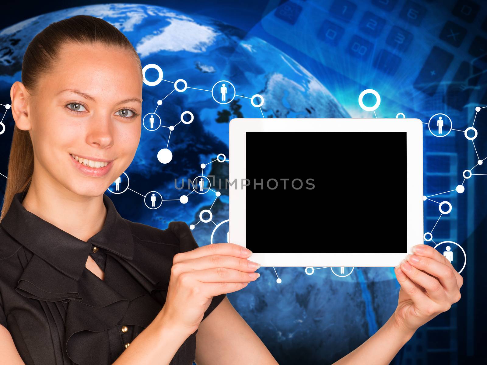 Beautiful businesswoman holding tablet pc with blank screen. Earth, network and calculator as backdrop by cherezoff