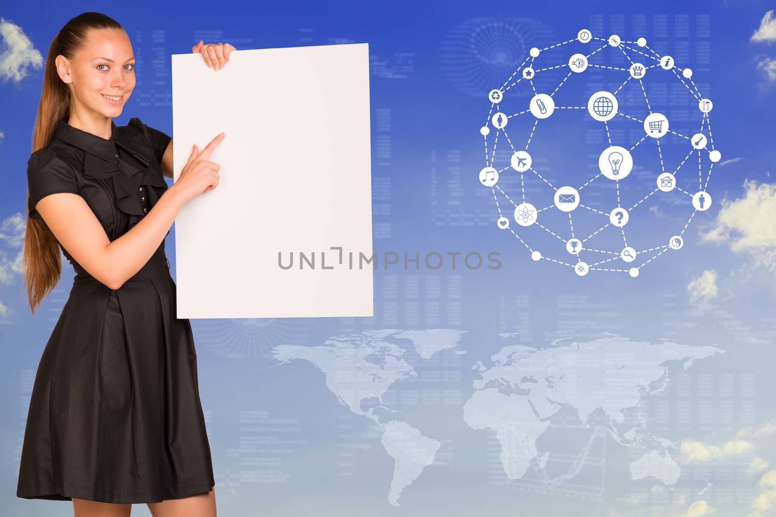 Beautiful businesswoman in dress smiling and holding empty paper sheet. World map, graphs and texts as backdrop