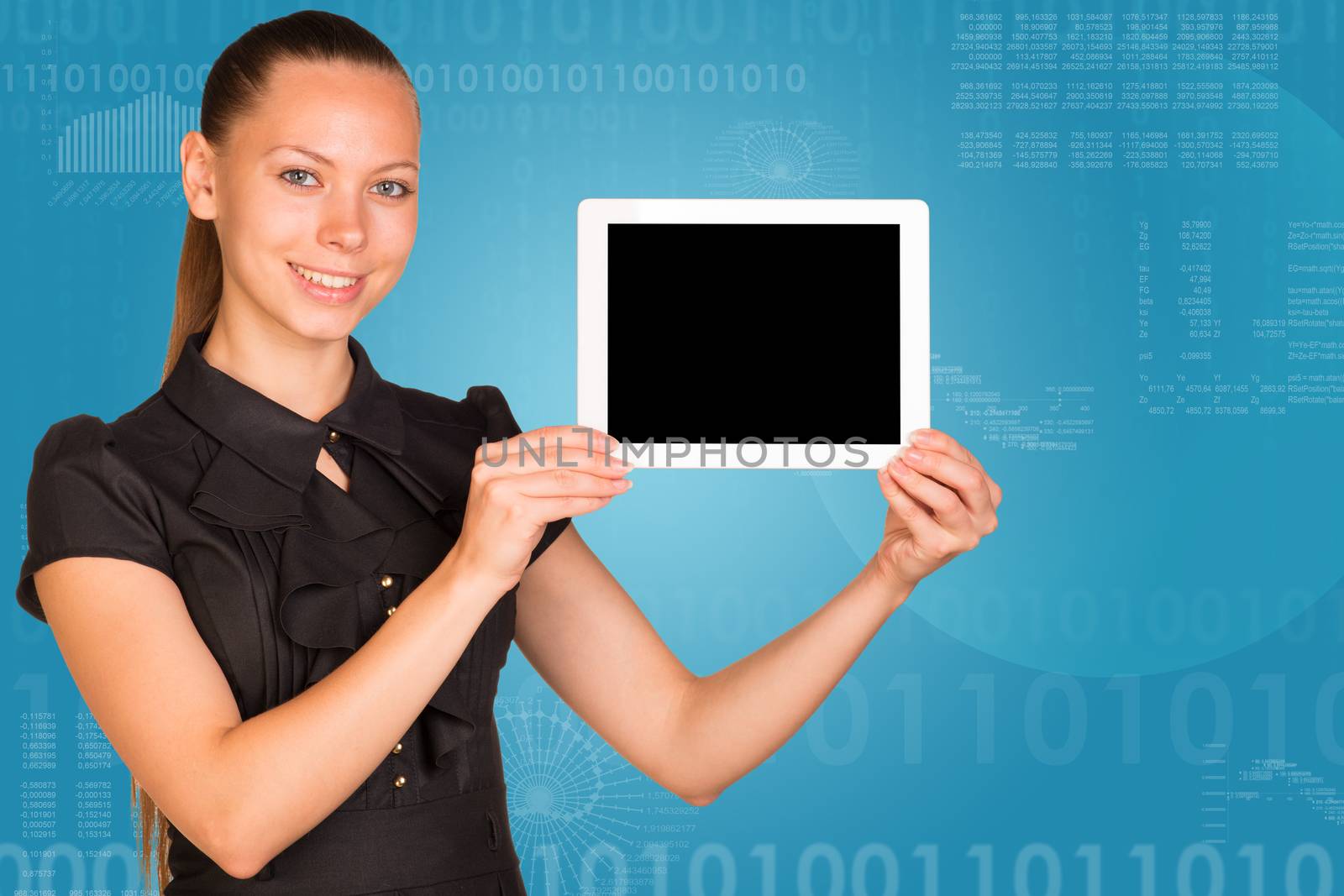 Beautiful businesswoman in dress smiling and holding tablet pc. Graphs and figures as backdrop