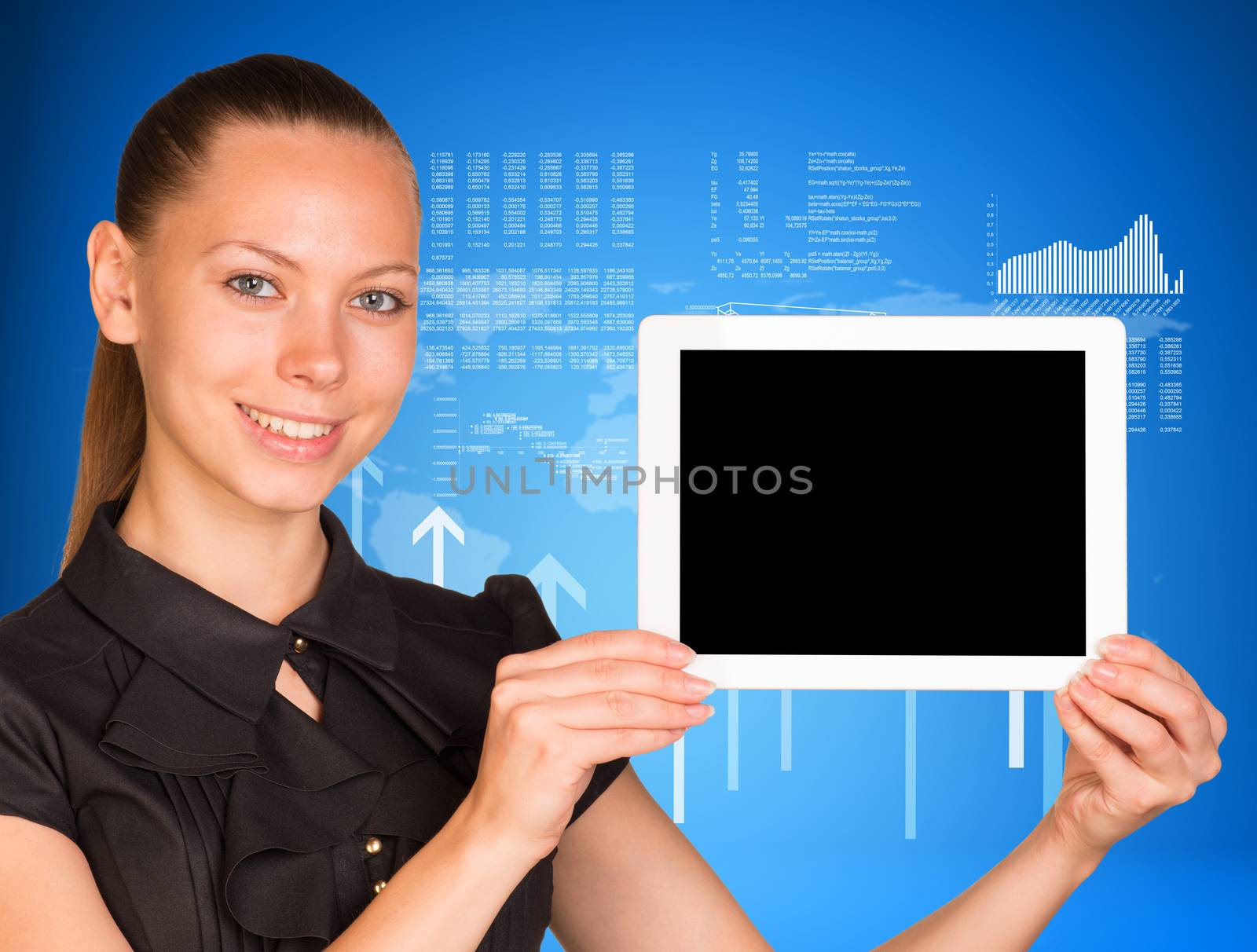Beautiful businesswoman in dress smiling and holding tablet pc. Arrows and figures as backdrop
