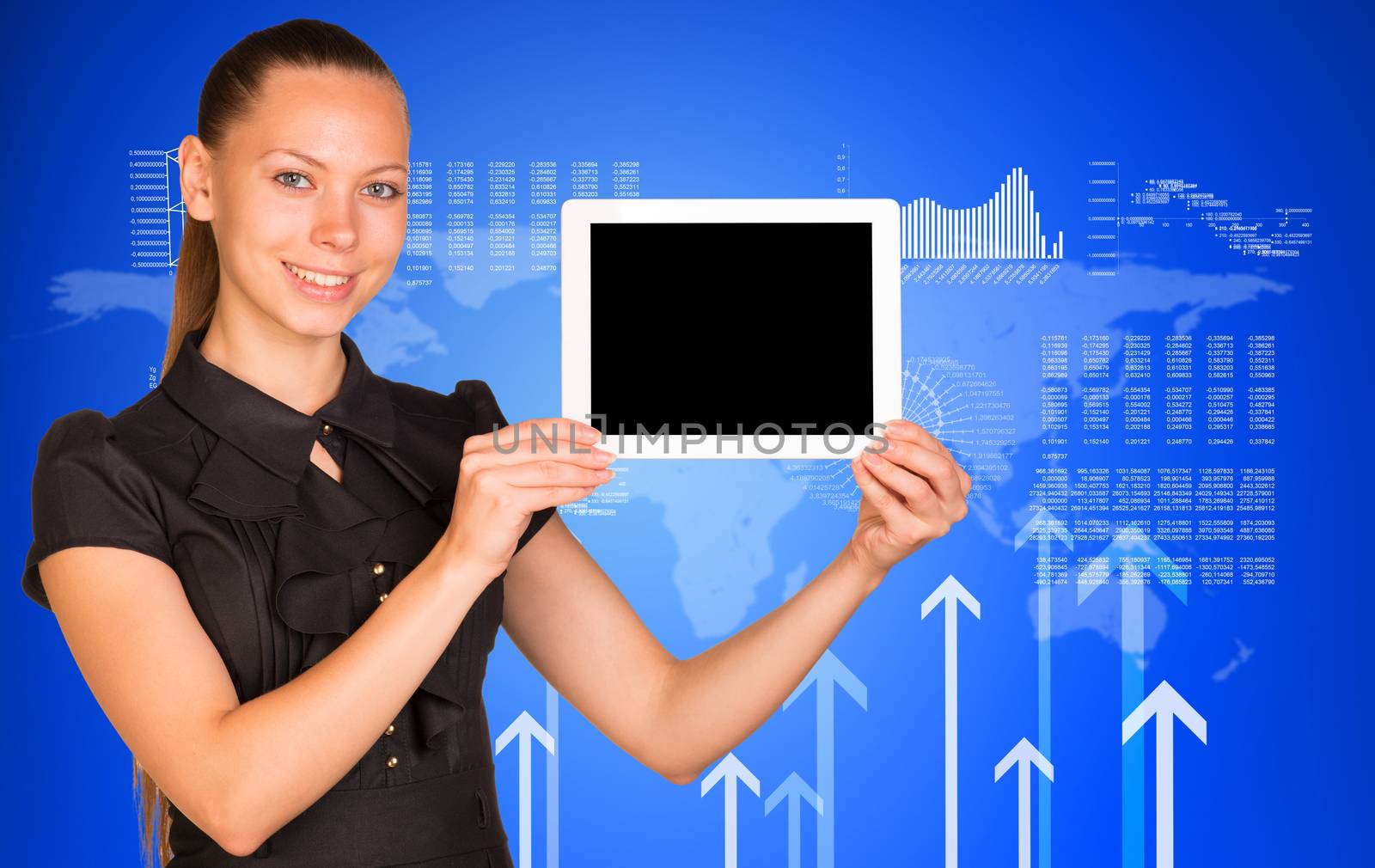 Beautiful businesswoman in dress holding tablet pc. Arrows and figures as backdrop by cherezoff