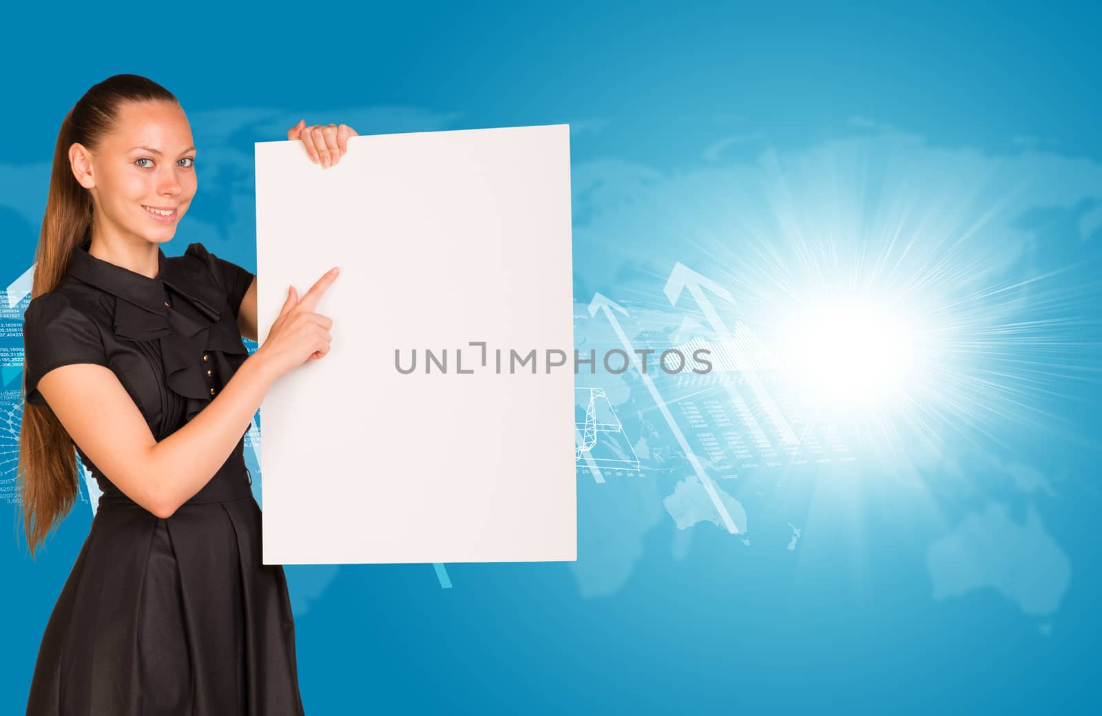 Beautiful businesswoman in dress smiling and holding empty paper sheet. World map and arrows as backdrop