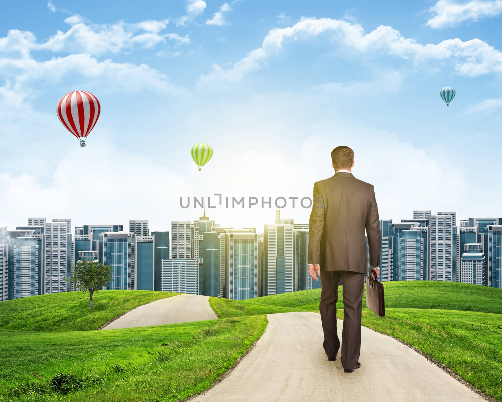 Businessman walks on road. Rear view. City skyline, grass field and sky in background. Business concept