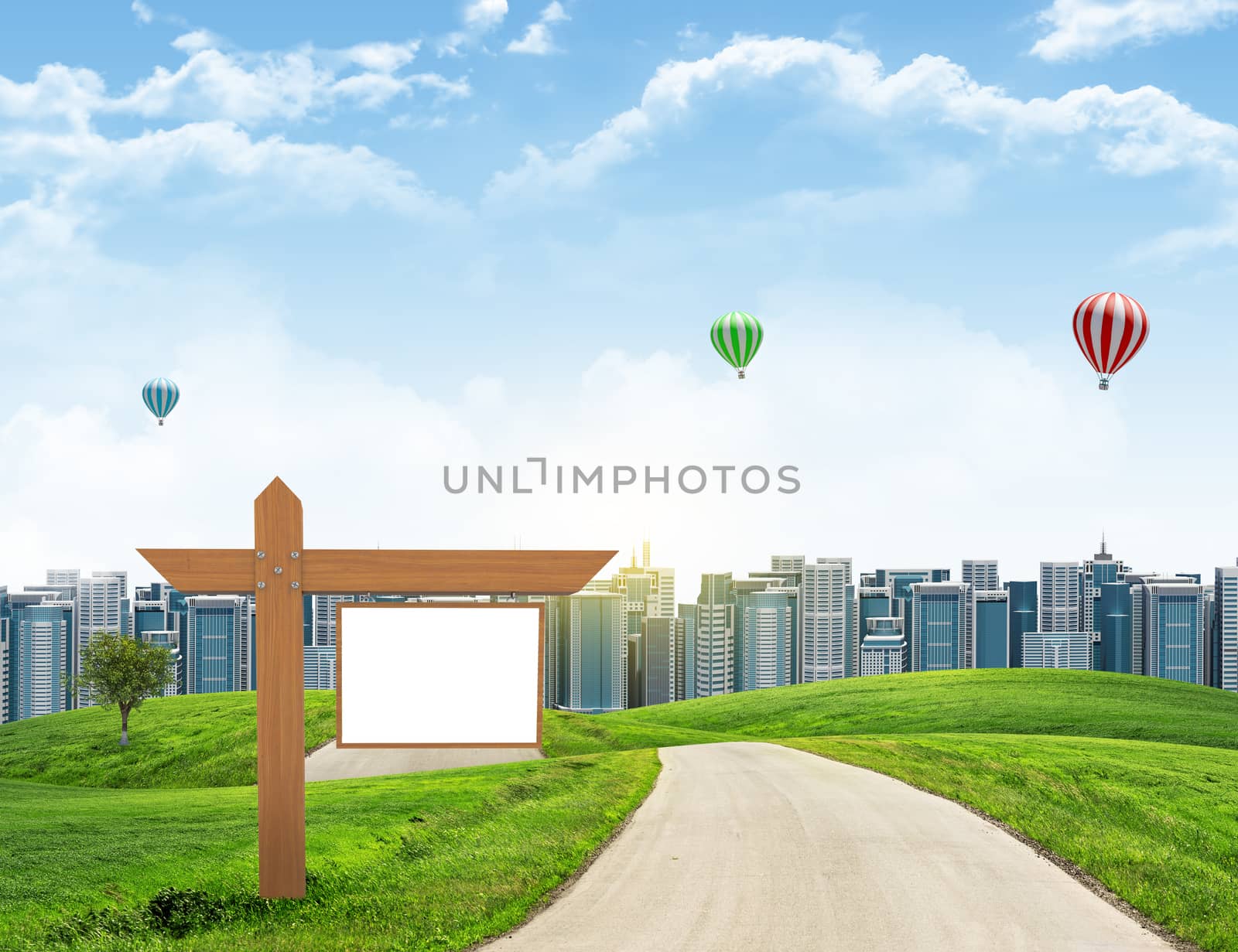 Tall buildings, green hills and road with wooden signboard against sky with clouds. Architectural concept