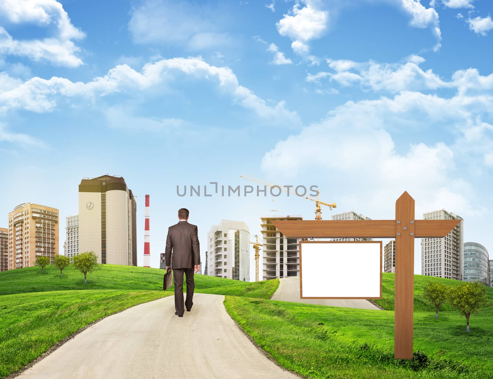 Businessman walks on road. Rear view. Buildings, grass field, wooden signboard and sky in background. Business concept