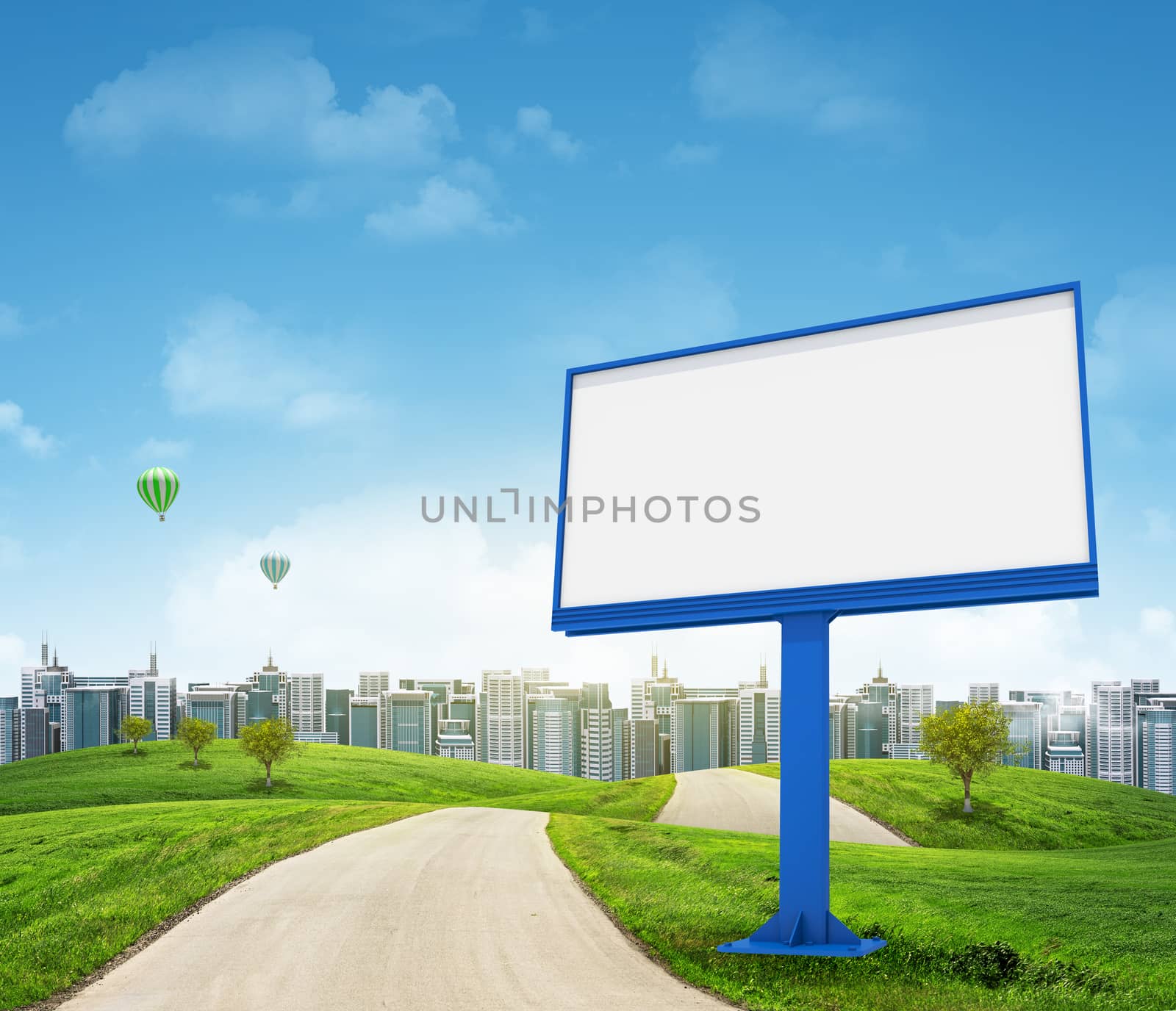 Tall buildings, green hills and road with large billboard against sky by cherezoff