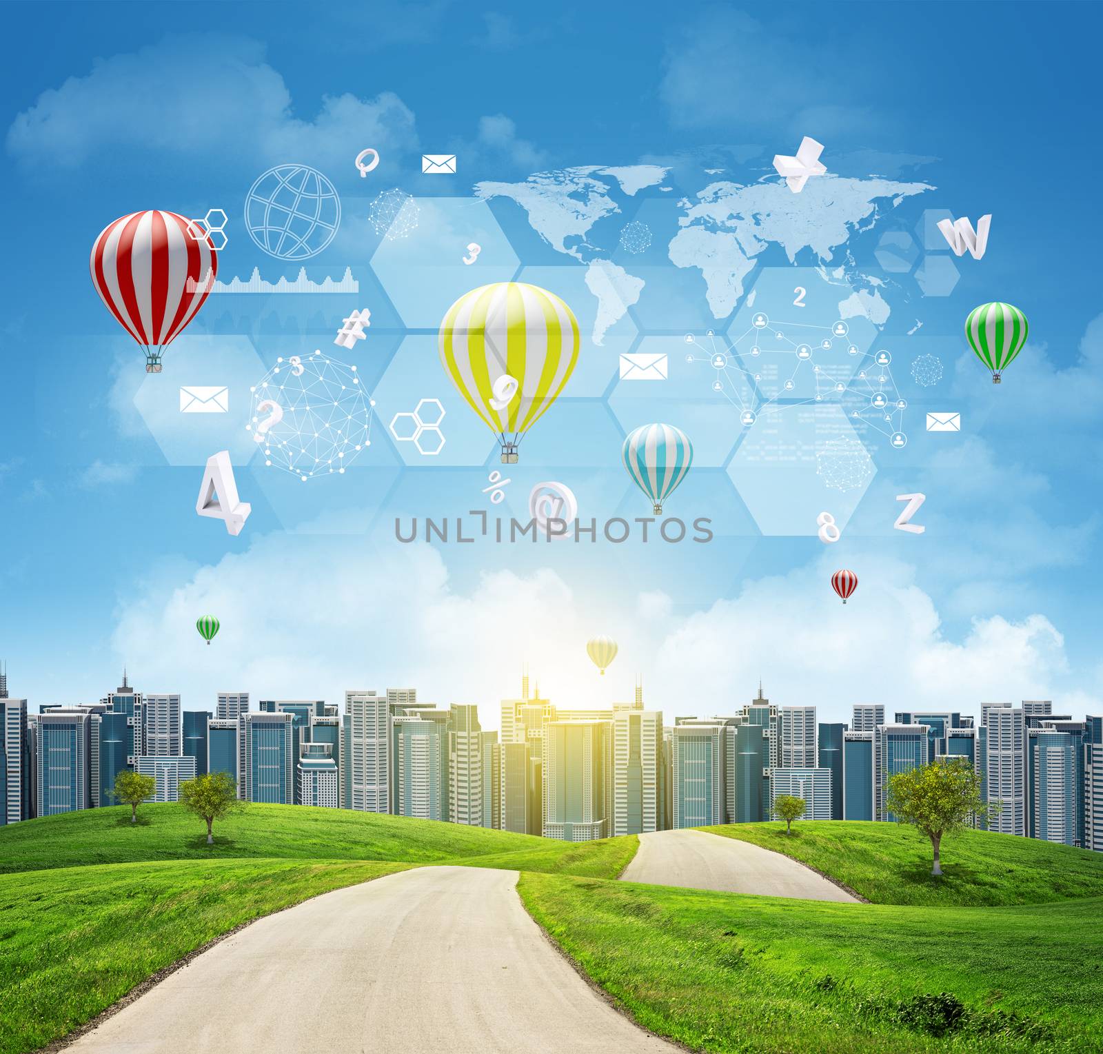 Buildings, green hills and road. World map, hexagons and flying letters. Business concept