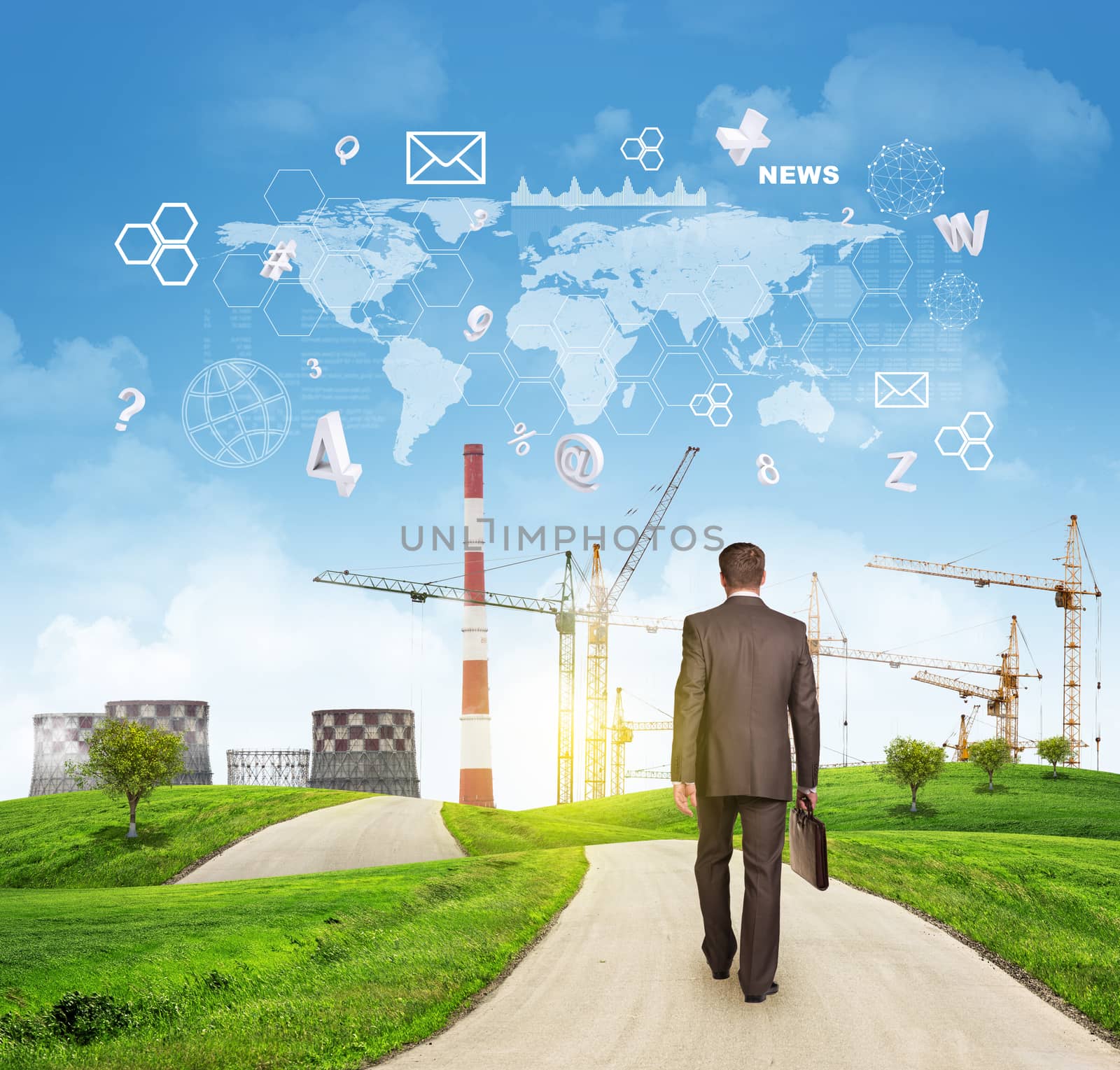 Businessman walks on road. Rear view. Industrial zone, grass field and sky with virtual elements. Business concept