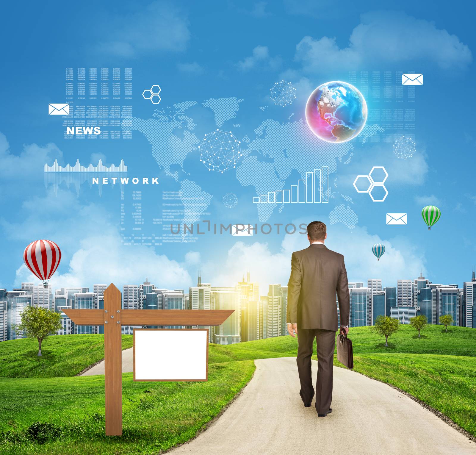 Businessman walks on road. Rear view. Buildings, grass field and sky with Earht and other virtual elements. Elements of this image furnished by NASA