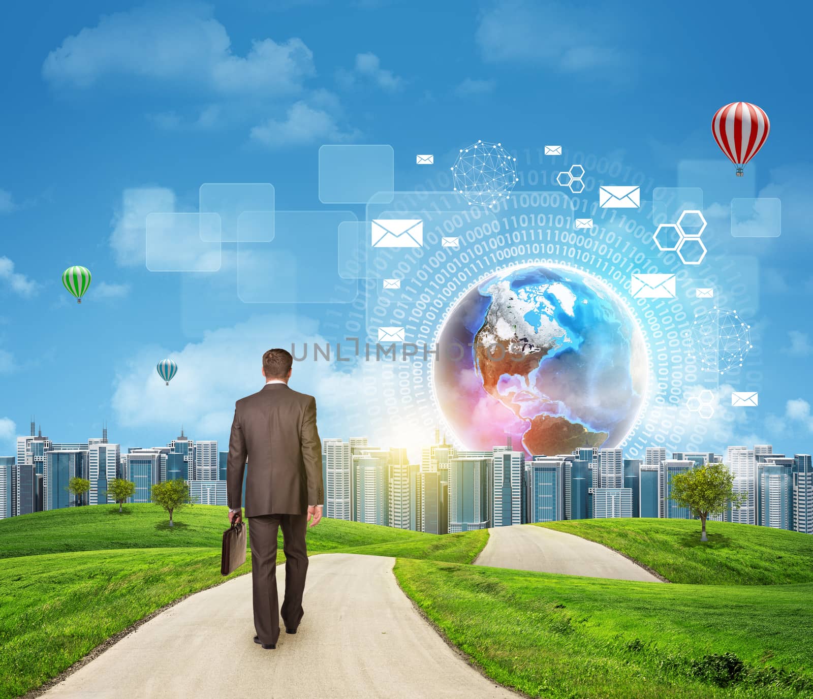 Businessman walks on road. Rear view. Buildings, grass field and sky with Earht and other virtual elements. Elements of this image furnished by NASA