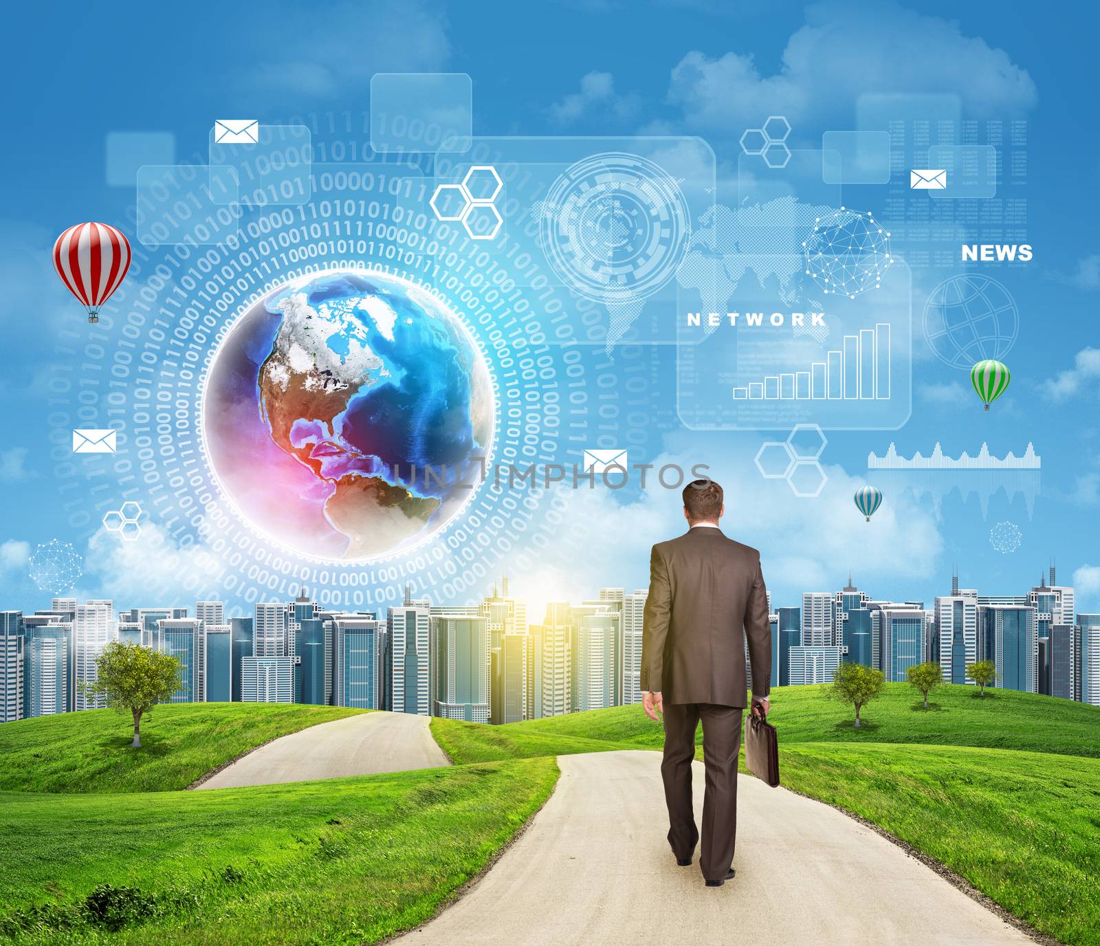 Businessman walks on road. Rear view. Buildings, grass field and sky with Earht and other virtual elements. Elements of this image furnished by NASA