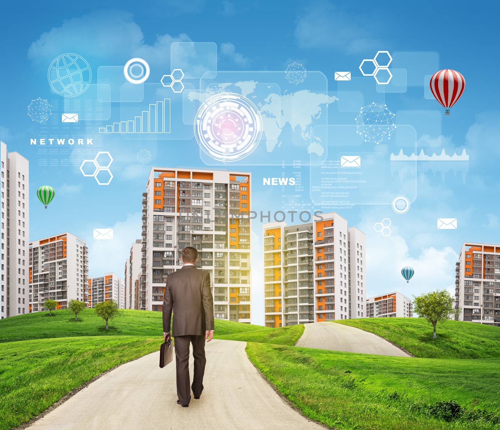 Businessman walks on road. Rear view. Buildings, grass field and sky with virtual elements by cherezoff