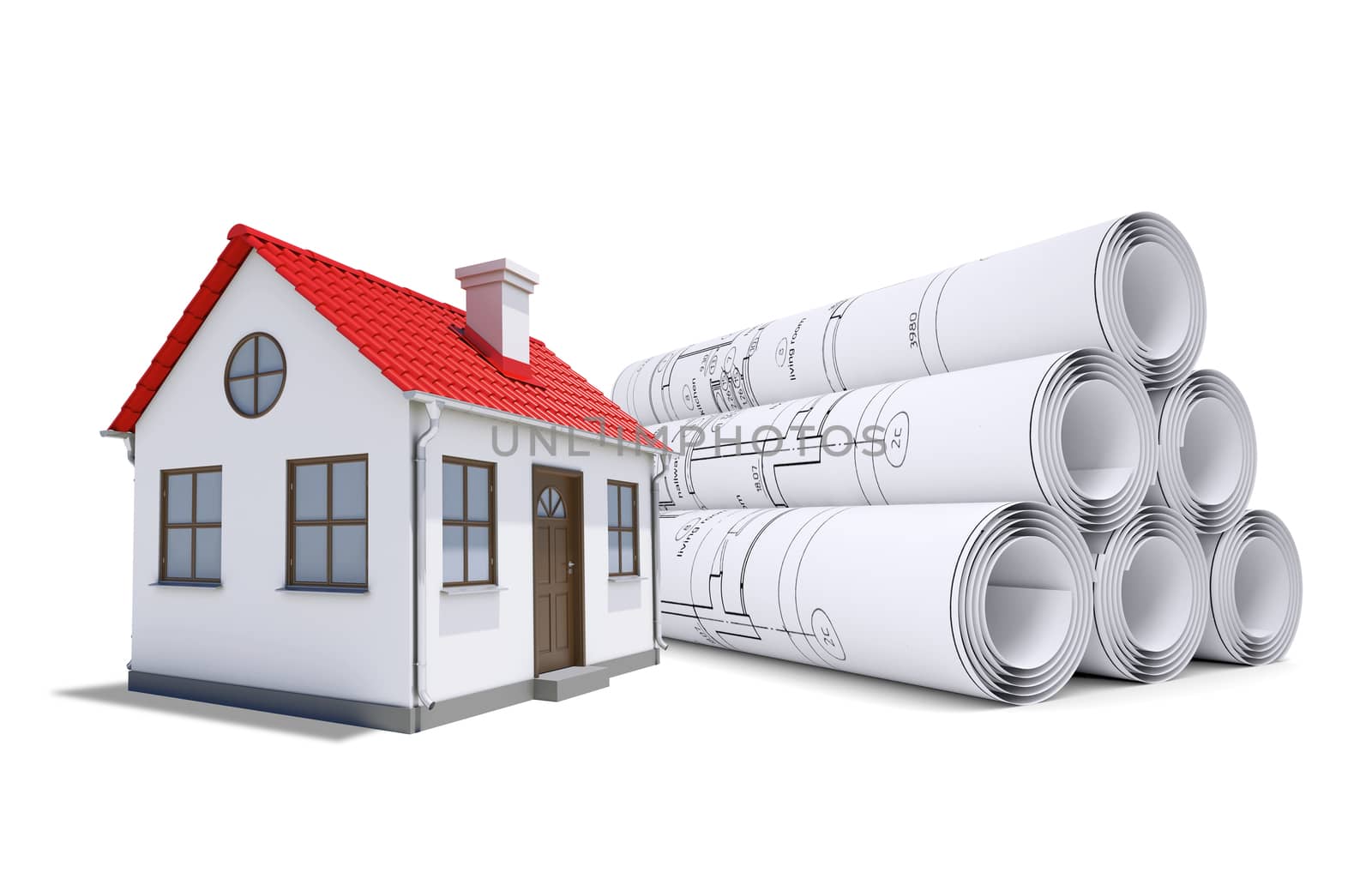 Small model house with red roof near scrolls of architectural drawings. Construction concept