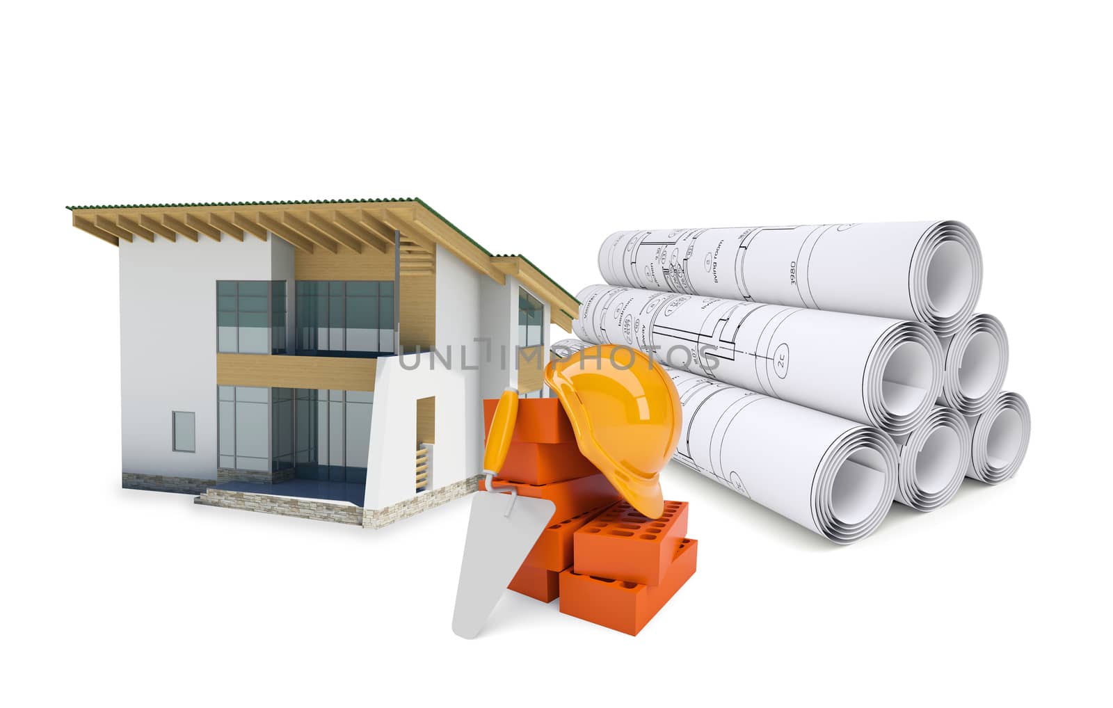 Small model house near scrolls of architectural drawings and work tools. Construction concept