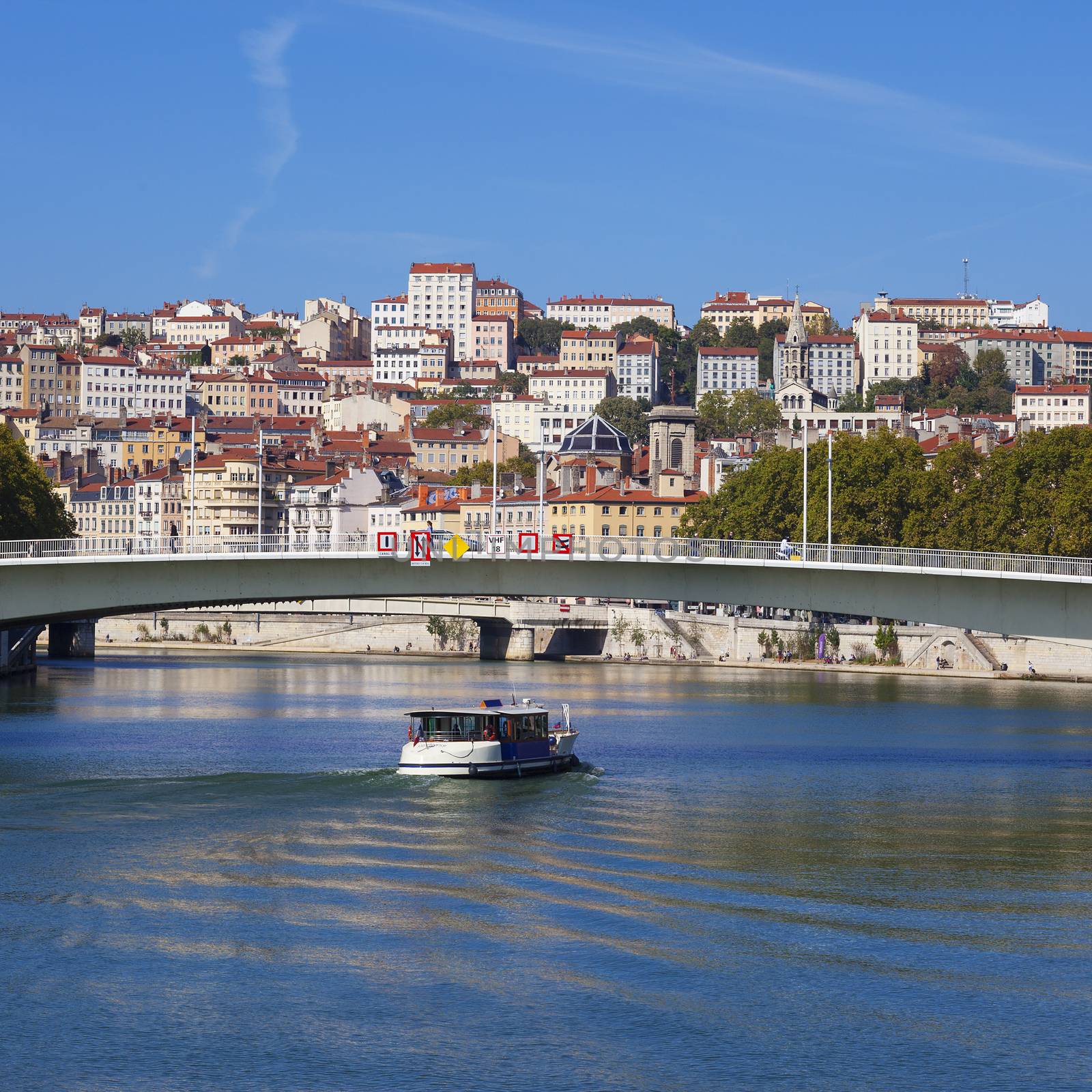 View on Lyon and Saone riverwith boat, France